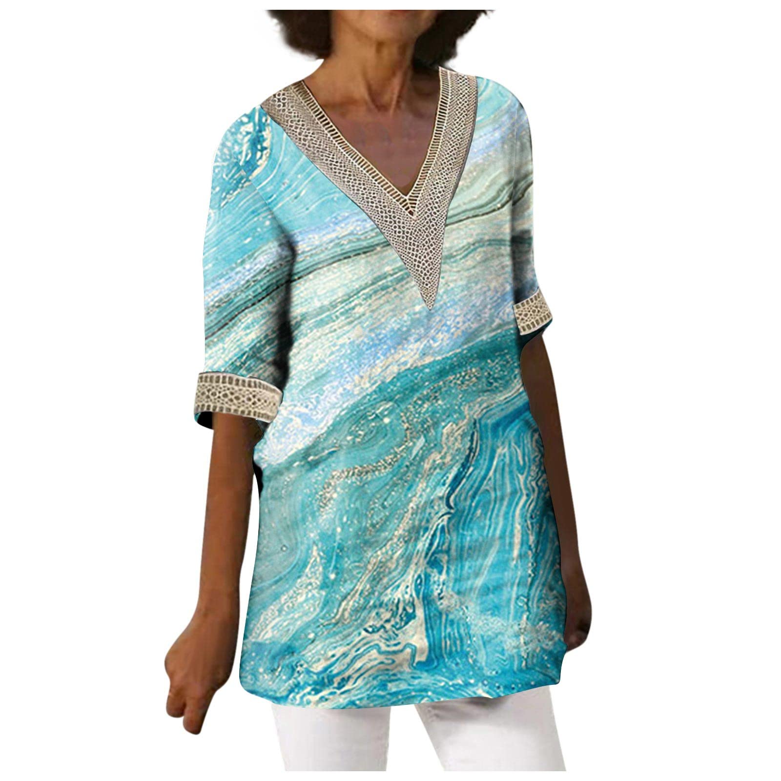 Women's Cotton Shirts UK Fashion Loose Casual Printed Lace Patchwork V-Neck T Shirt Top Flowy Tops, S-3XL