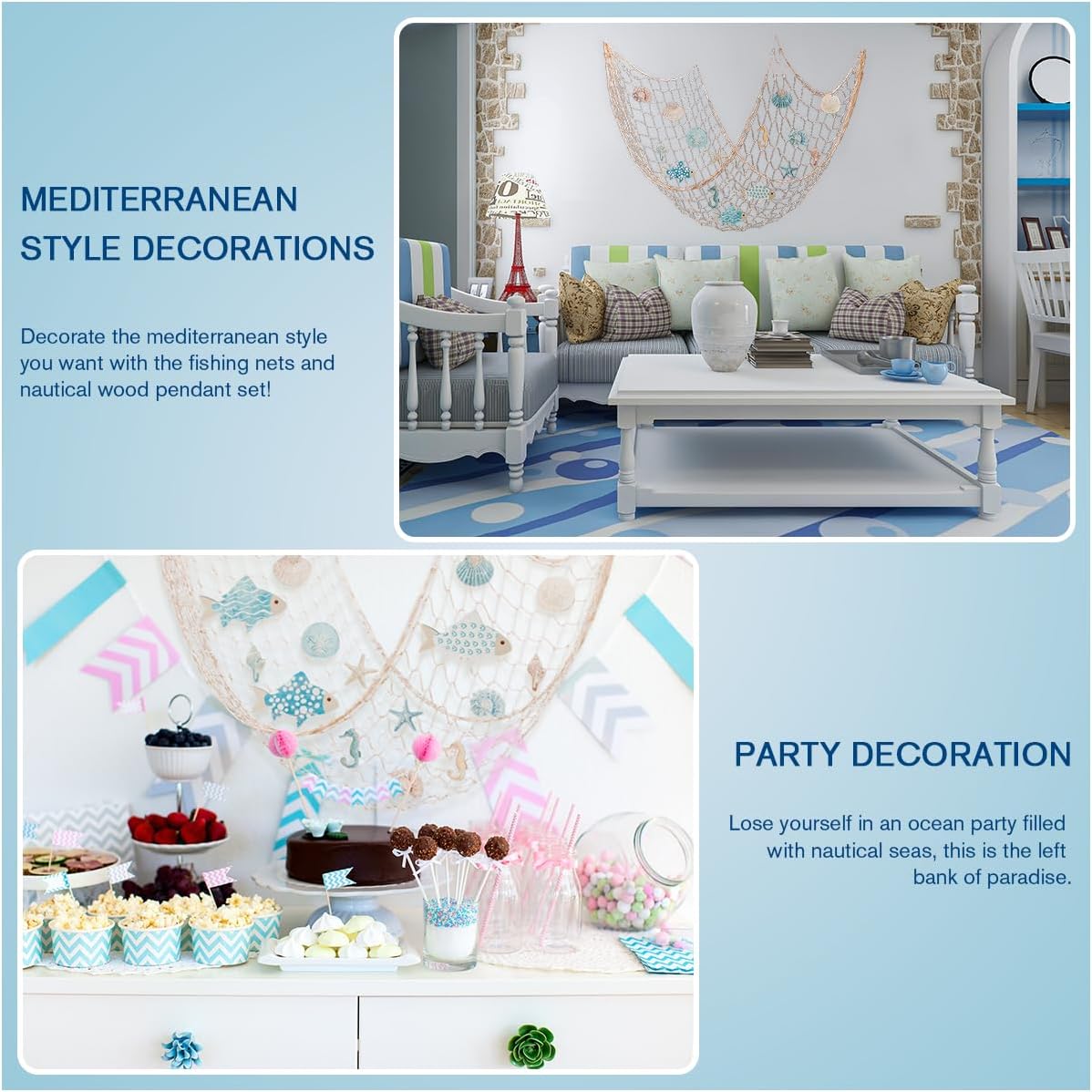 16 Pcs Fish Net Decorations Nautical Decor with Nets Fish Shells | Nautical Fishnet Wall Decor Wooden Starfish Seahorse Ocean Themed Under the Sea Hanging Decorative Fishing Nets Home Party