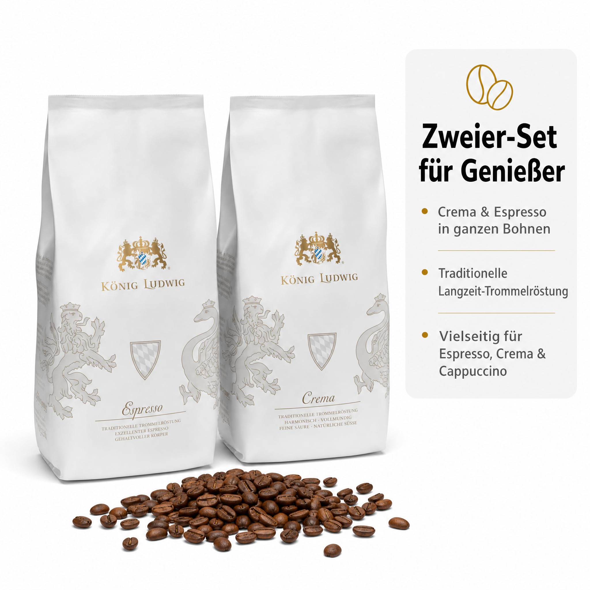 König Ludwig Kaffeebohnen Set, 90% Arabica Crema und 60% Arabica Espresso, Traditionelle Trommelröstung, 2000g (Espresso 1 Kg + Crema 1 Kg)