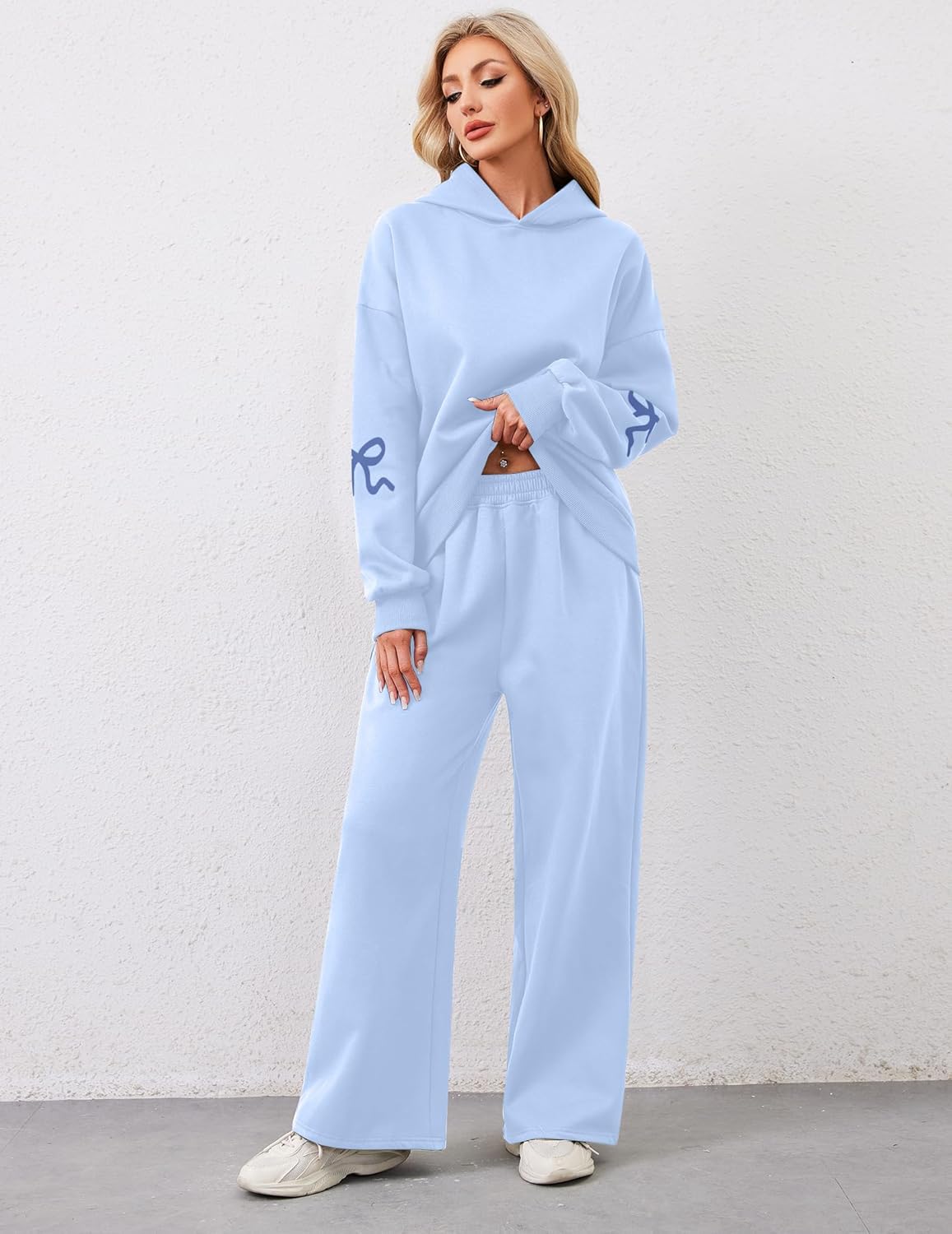 Womens 2 Piece Sweatsuits Bow Print Hoodies Sets Oversized Graphic Hoodie Wide Leg Sweatpants Fall Outfits - Image 2