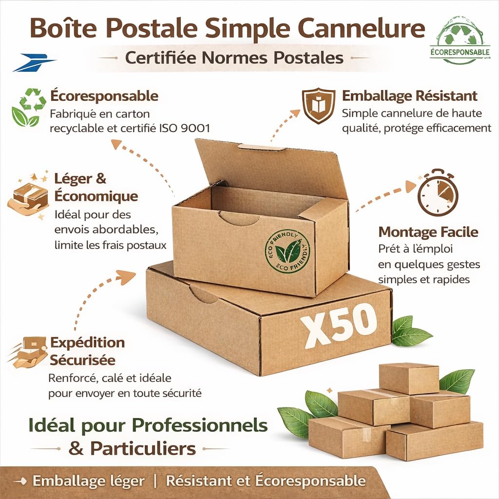 Lot de 50 Boîtes Postales A3 Envois Pros et Commerce en Ligne | Carton Kraft Brun | Emballage Résistant et Ecoresponsable | Côtés Protection Renforcée | Patte de Fermeture (43X30X12 cm)