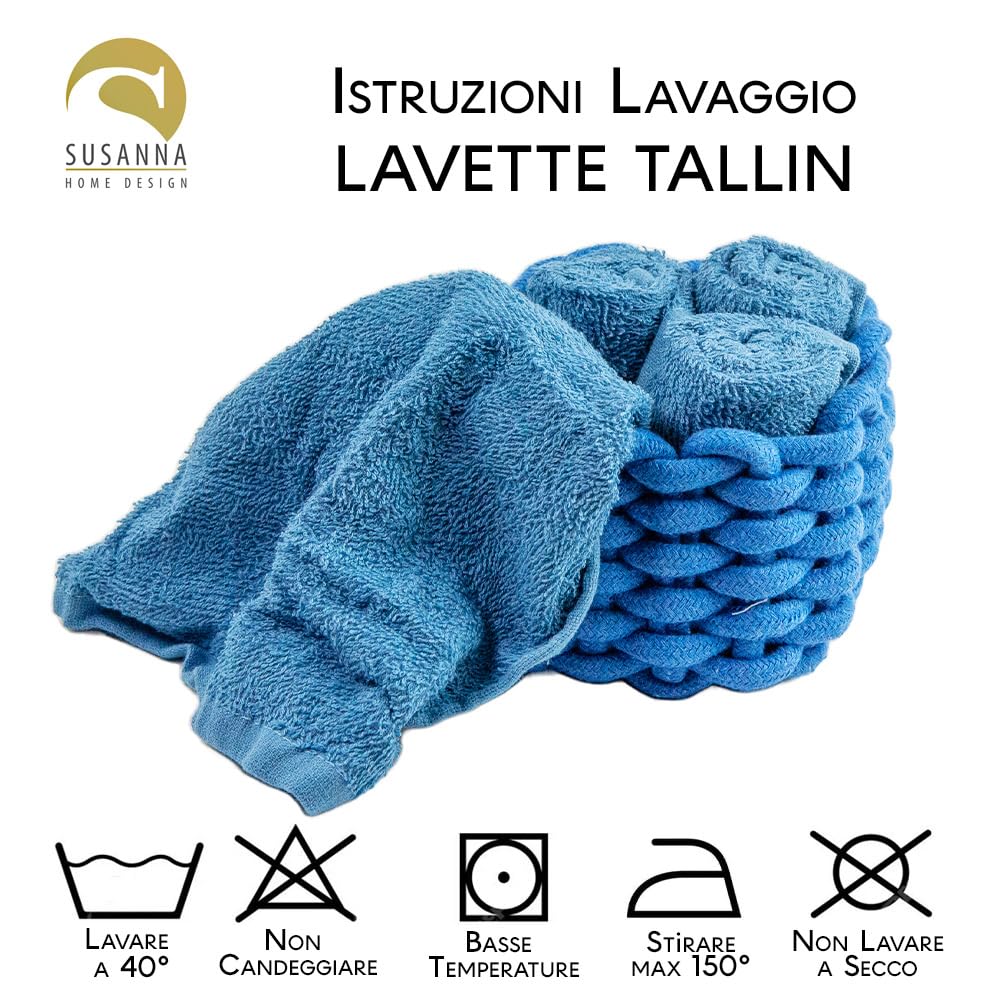 Generico Susanna Home Set 4 Lavette 30x30 in Spugna di Cotone – Asciugamani Ospiti per Bagno, Skincare, Neonato – Confezionate in Cestino in Corda Intrecciata – Blu