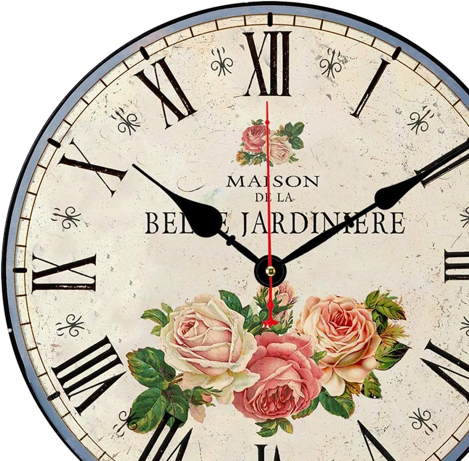 14 Inch Silent Non-Ticking Wall Clock Roman Numerals Retro Flowers Clocks Wooden Round Battery Operated Indoor Decorative Wall Clocks Rustic Style Home Decor Wall Clock …