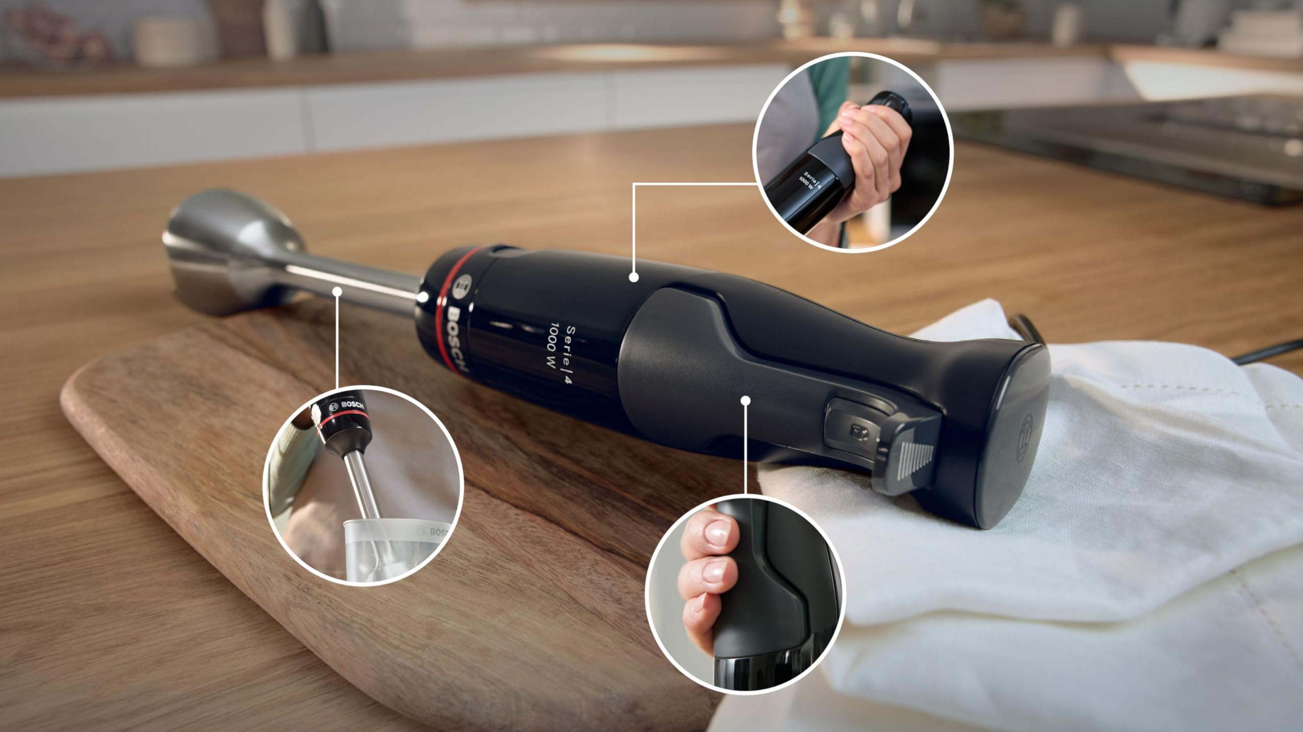 Bosch Serie 4 Frullatore a Immersione ErgoMaster MSM4B621, 1000 W, Ergonomico, Regolazione Dinamica della Velocità, Lame in Acciaio Inox, Tritatutto e Frusta Inclusi, Bicchiere Graduato, Nero
