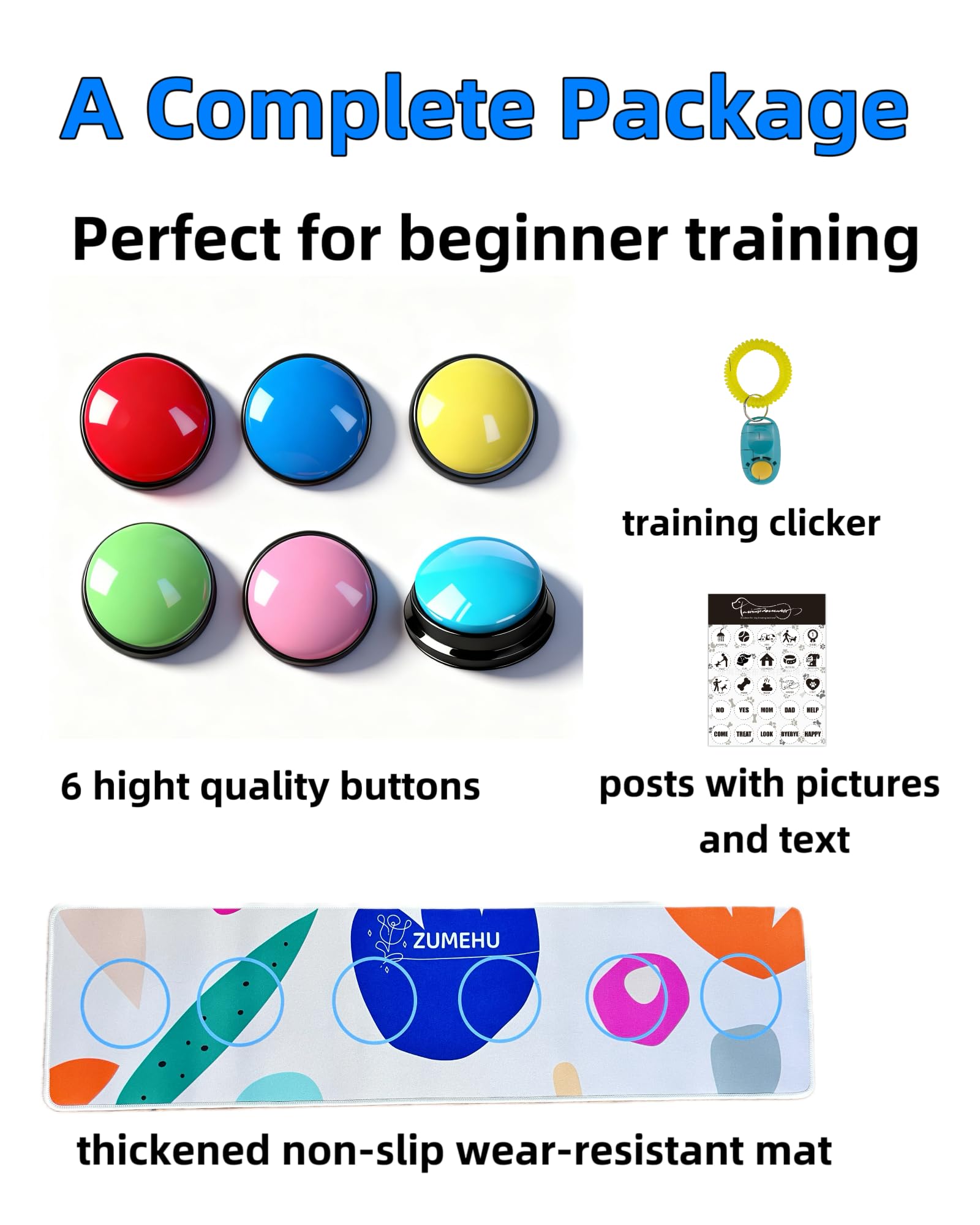 Botones de conversación para perros para comunicación, juego de 6 botones de colores con alfombrilla antideslizante, calcomanías y clicker de entrenamiento, botones grabables para perros y