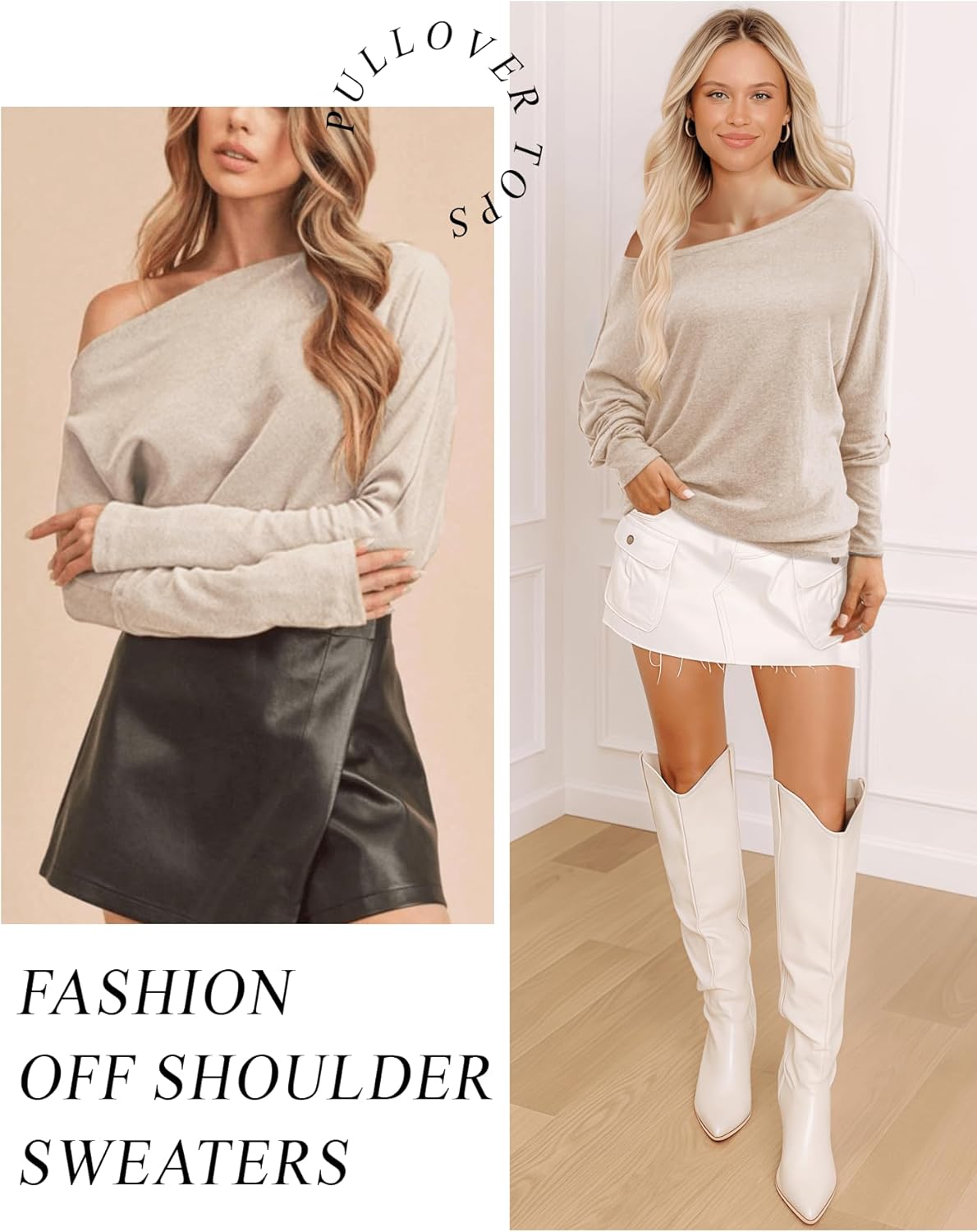 Aifer Women's Off The Shoulder Tops Sexy Long Sleeve Shirts Oversized Fashion Casual Batwing Sweaters Pullover Tunic Tops - Image 2