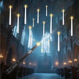 Flameless Floating Candles with Magic Wand, 12 Pcs Hanging Flickering LED Taper Candles, Battery Operated Taper Candle with Remote for Children Gift Halloween Decor (White)