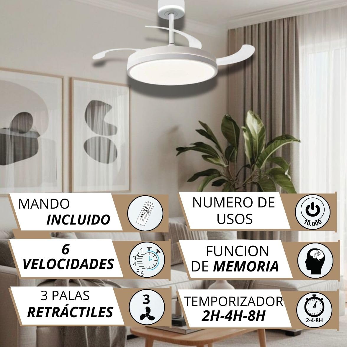 NARVI - Ventilador de Techo EDIMBURGO 1854 WH | Control Remoto | 3 Palas Transparentes | Cabezal Regulable 45w+10W - 3000K-6500K | Función Invierno/Verano | Blanco con