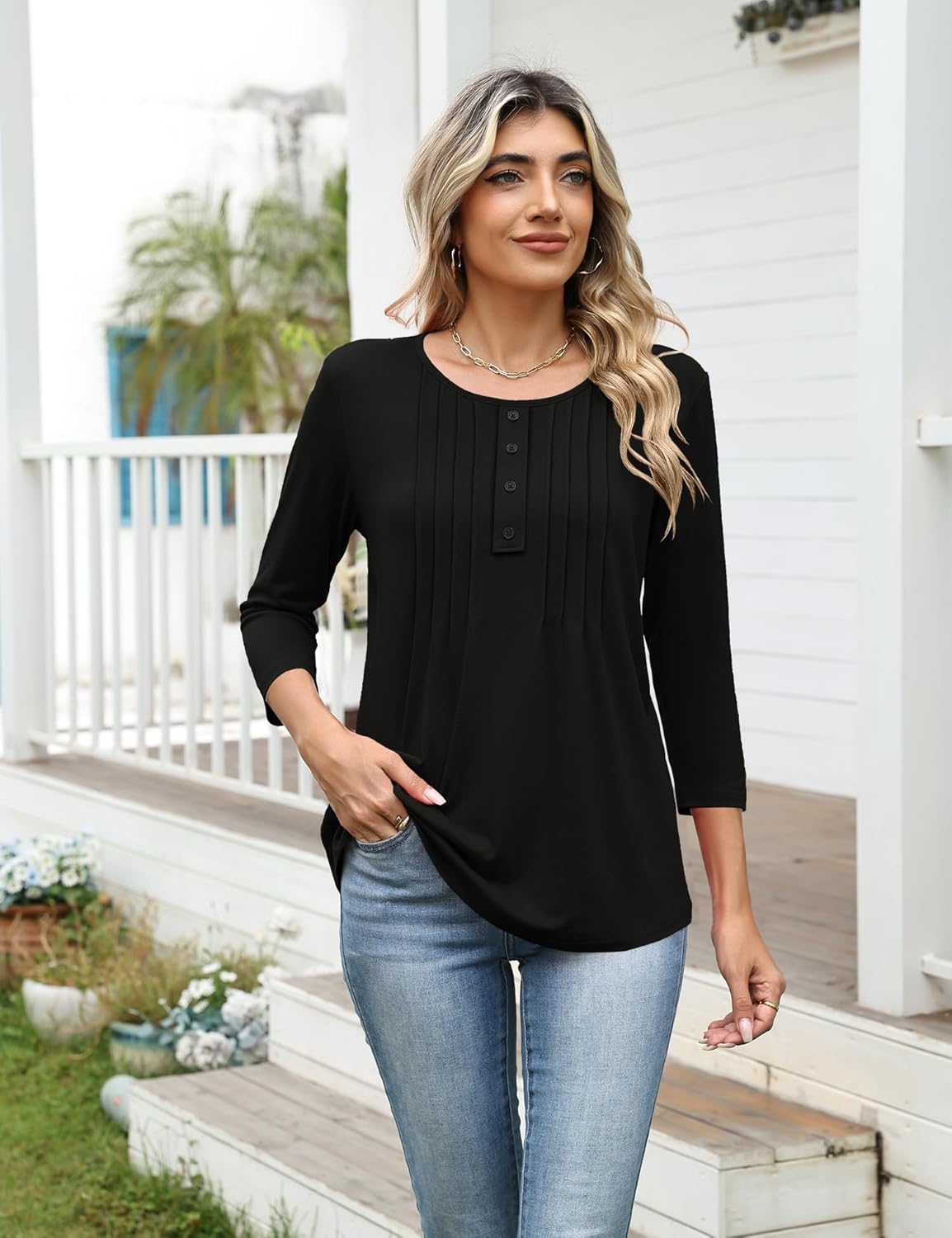 Ivicoer Women's 3/4 Length Sleeve Tops Crewneck Button Pleated Dressy Casual Blouses - Image 6