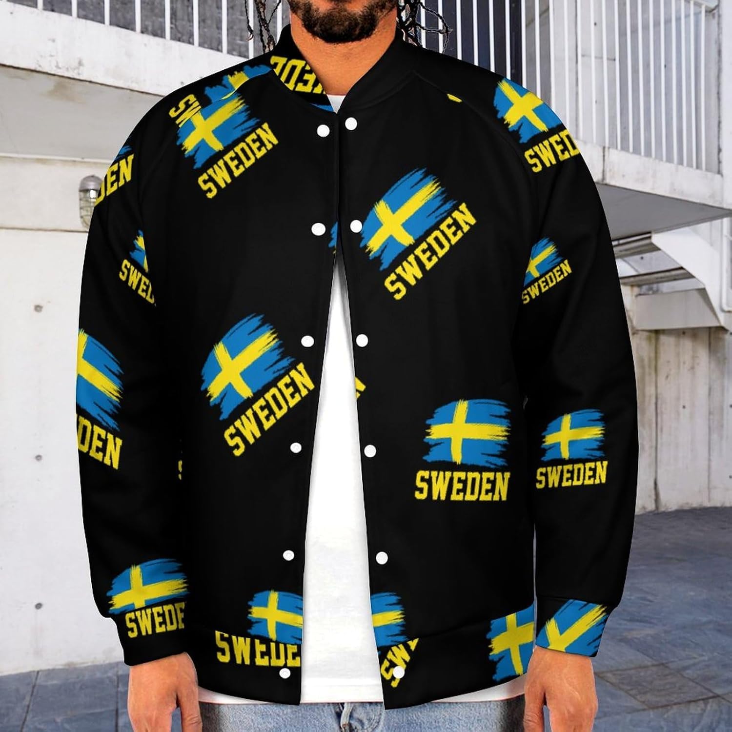 Sweden Flag Novelty Men's Baseball Jackets Causal Sweatshirt Button Top Long Sleeve Coat