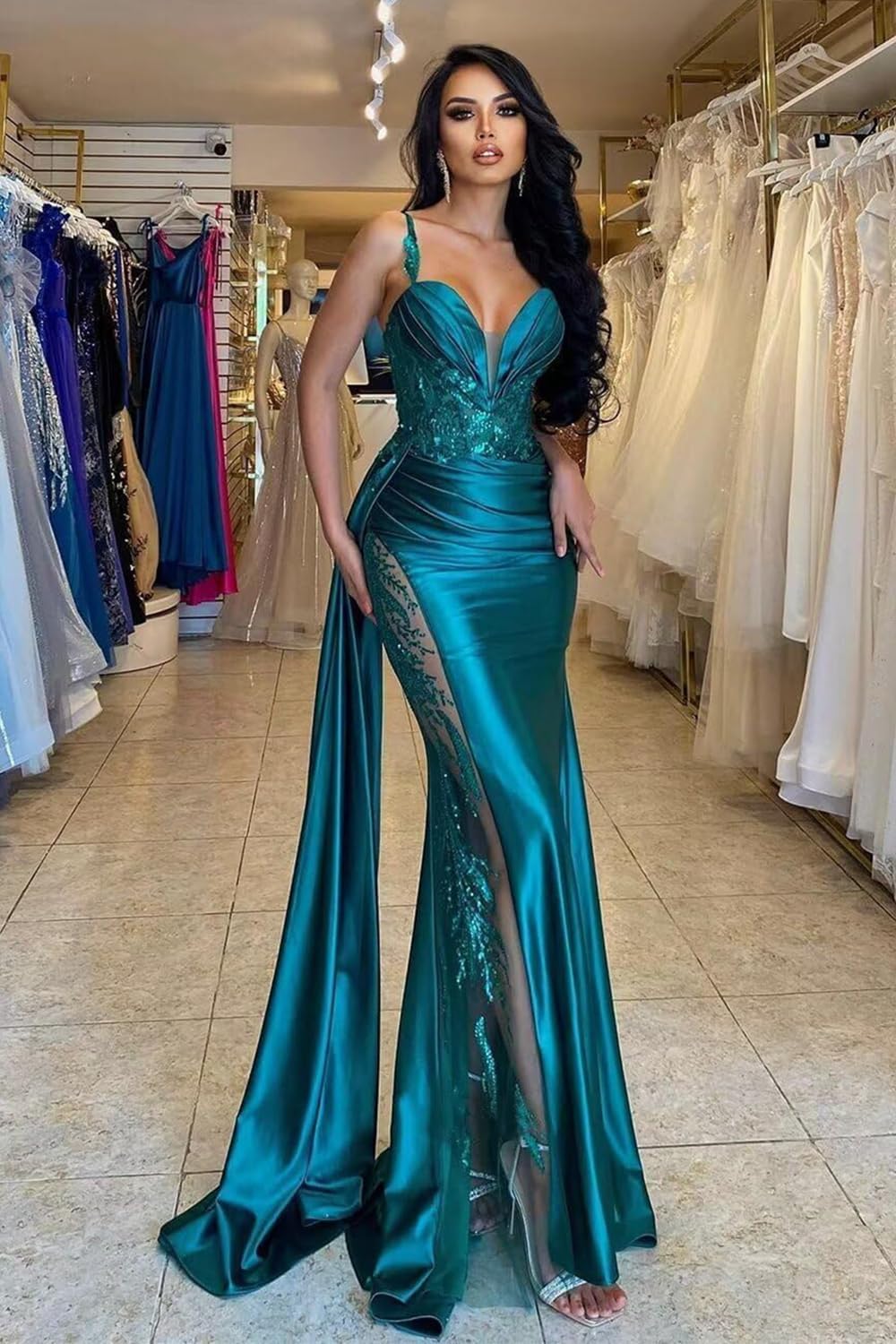 POMUYOO Satin Prom Dresses 2025 Sparkly Sweetheart Long Mermaid Evening Gown with Slit Pleated Formal Dress