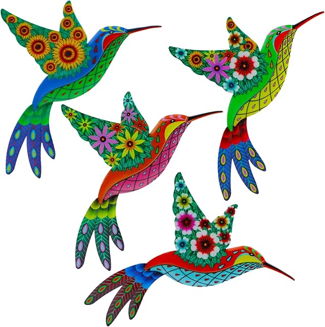 Metal Hummingbird Wall Decor Victop 4 Pack Multicolor Metal Birds Wall Art Decoration Wrought Iron Wall Sculpture 3D Hummingbird Garden Ornaments Hanging Home Decorations for Indoor Outdoor Yard Fence