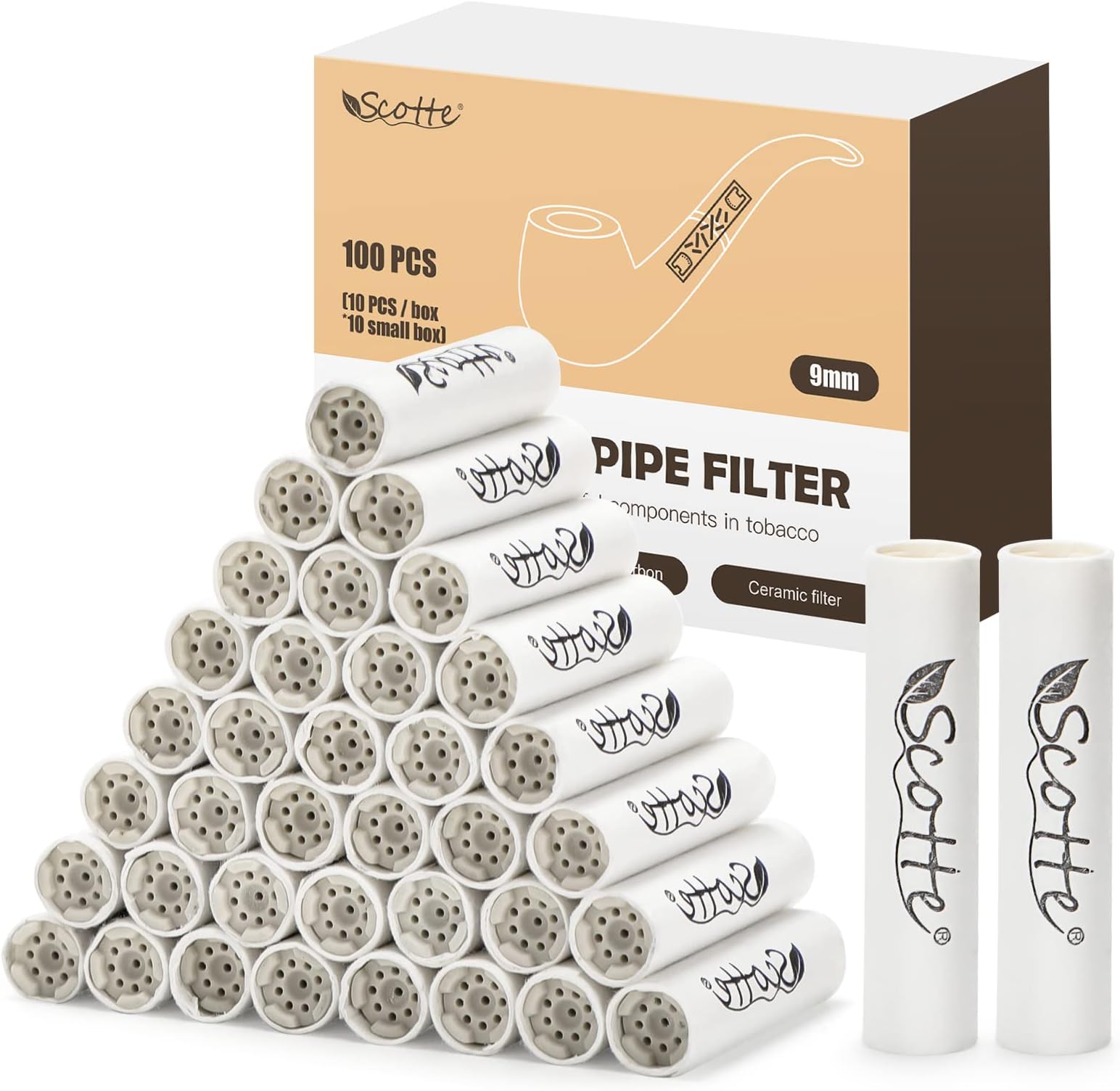 Scotte Pipe Filters, 9mm Activated Carbon Tobacco Pipe Filters with Dual Ceramic Caps, Pipe Smoking Filter Core, 100 Pieces