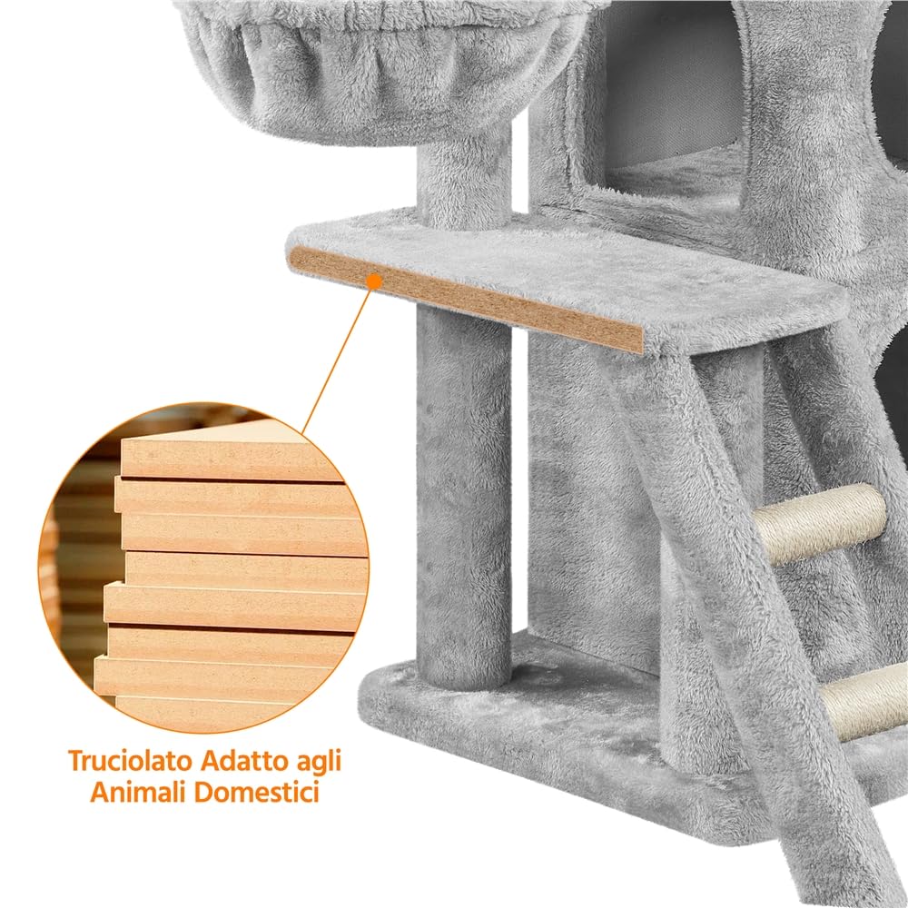 Yaheetech Albero Tiragraffi per Gatti 94 cm in Sisal e Truciolato Posatoio Piattaforma Cesta Scala Torre Gioco Grigio Chiaro