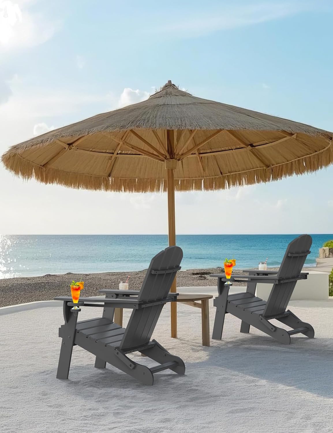 Folding Adirondack Chair, Wooden Textured Plastic Adirondack Chairs with 2 Cup Holder, Weather Resistant HDPE Fire Pit Chair, Outdoor Patio Chairs for Garden, Backyard, Lawn, Deck, 380LBS, Grey