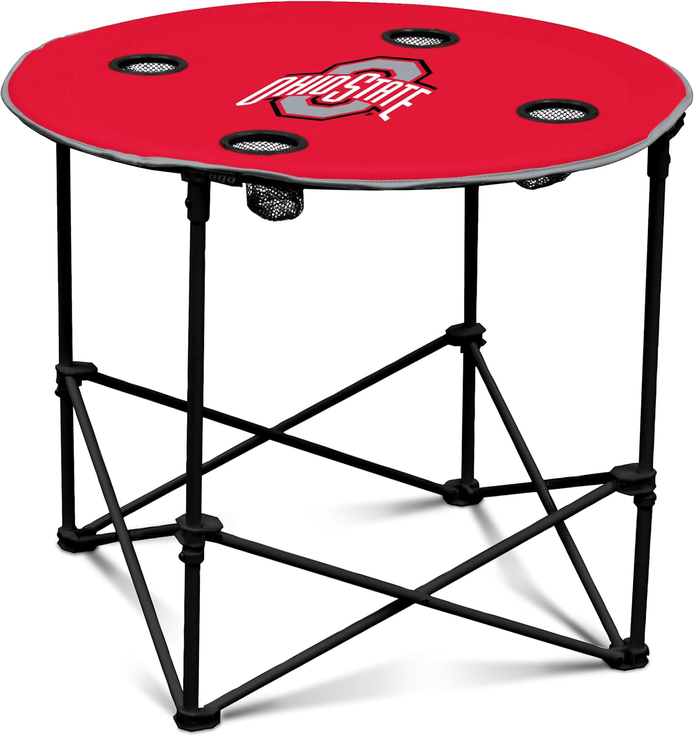 Logo Brands NCAA Ohio State Buckeyes Round Tailgating Table – Portable with Foldable Legs, 4 Cup Holders, Powder-Coated Steel, and 27.6" Surface Diameter, Team Color