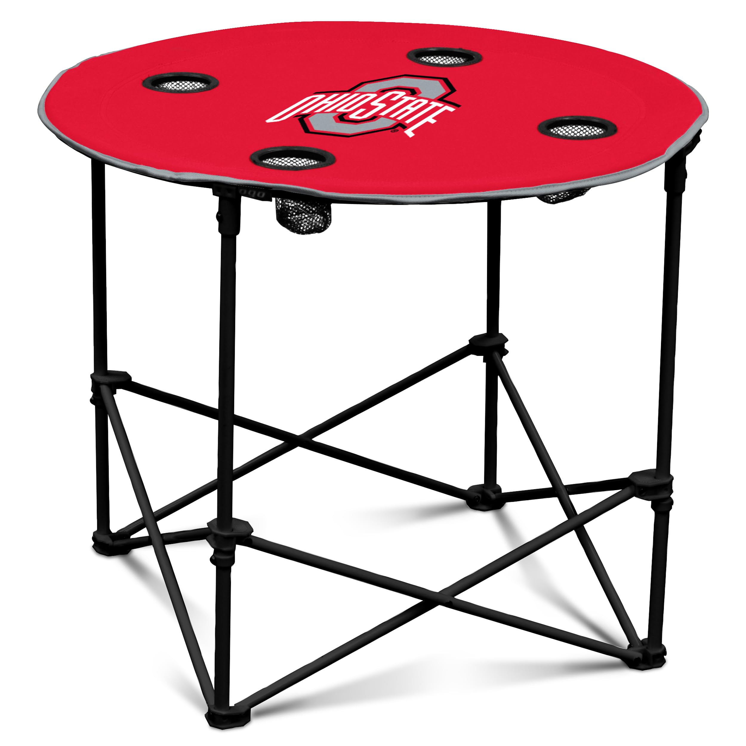 Logo Brands NCAA Ohio State Buckeyes Round Tailgating Table – Portable with Foldable Legs, 4 Cup Holders, Powder-Coated Steel, and 27.6" Surface Diameter, Team Color