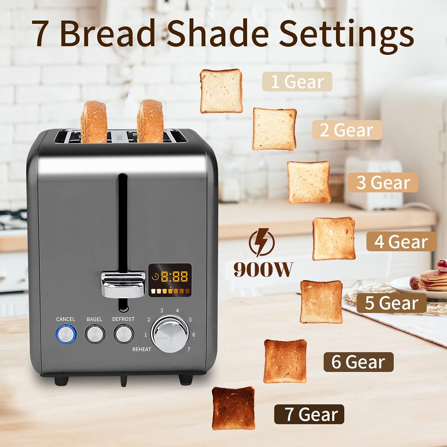 SEEDEEM 2 Slice Toaster With Color LCD Display - Stainless Steel, 7 Bread Shade Settings, 1.4'' Wide Slots, Bagel/Defrost/Reheat Functions, Removable Crumb Tray, 900W, Mint, view 12