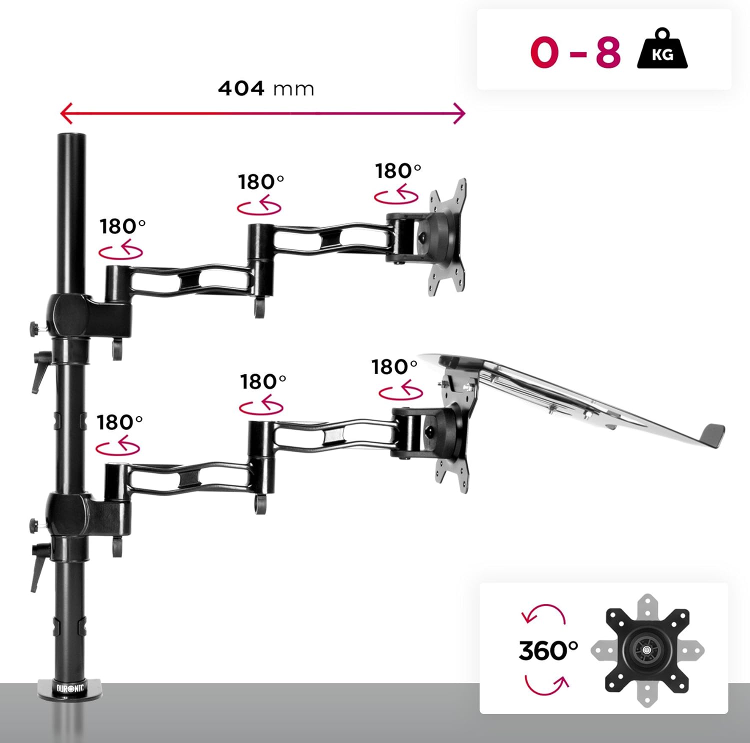 Duronic Desk Mount DM35L1X1 | Single Monitor Stand for 13-27 inch LCD/LED PC/TV Screen and Laptop | Dual Arms | Adjustable Support | VESA 75/100 Bracket | Tilt: -15°/+15° | Swivel: 180° | Rotate: 360°