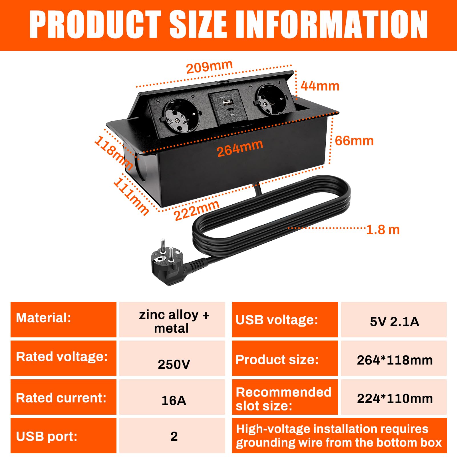 Multipresa da Incasso a Scomparsa con 2 Prese Schuko e USB | 1 USB A e 1 USB C, PD18 W, Cavo 1,8 M, Ciabatta Elettrica a Scomparsa per piano di lavoro, cucina, ufficio, nero