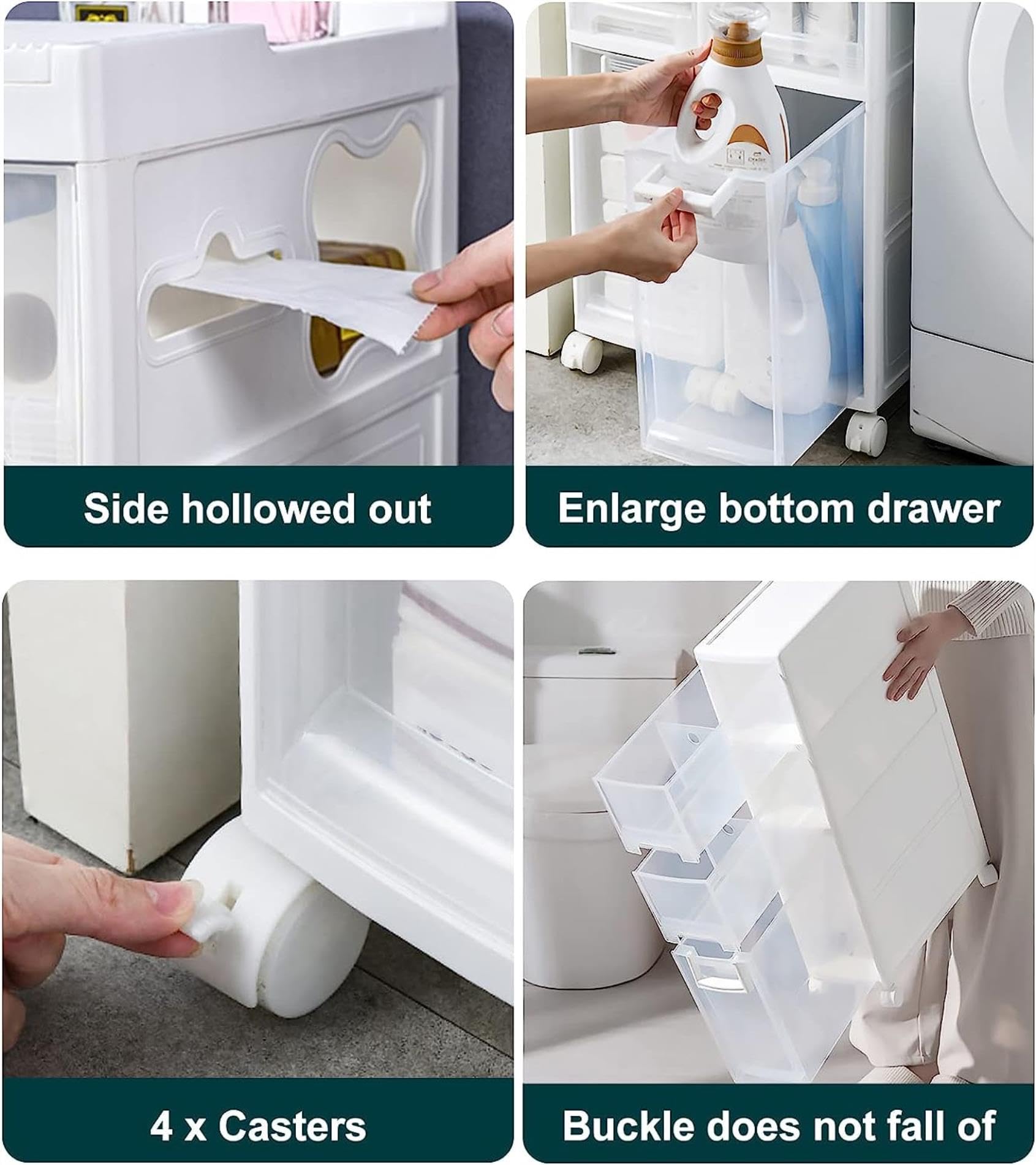 Armadietto da bagno sottile con 4 cassetti in plastica e rotelle, per piccoli spazi, 16 cm, armadio stretto per carta igienica, grande capacità, per spazi vuoti del bagno