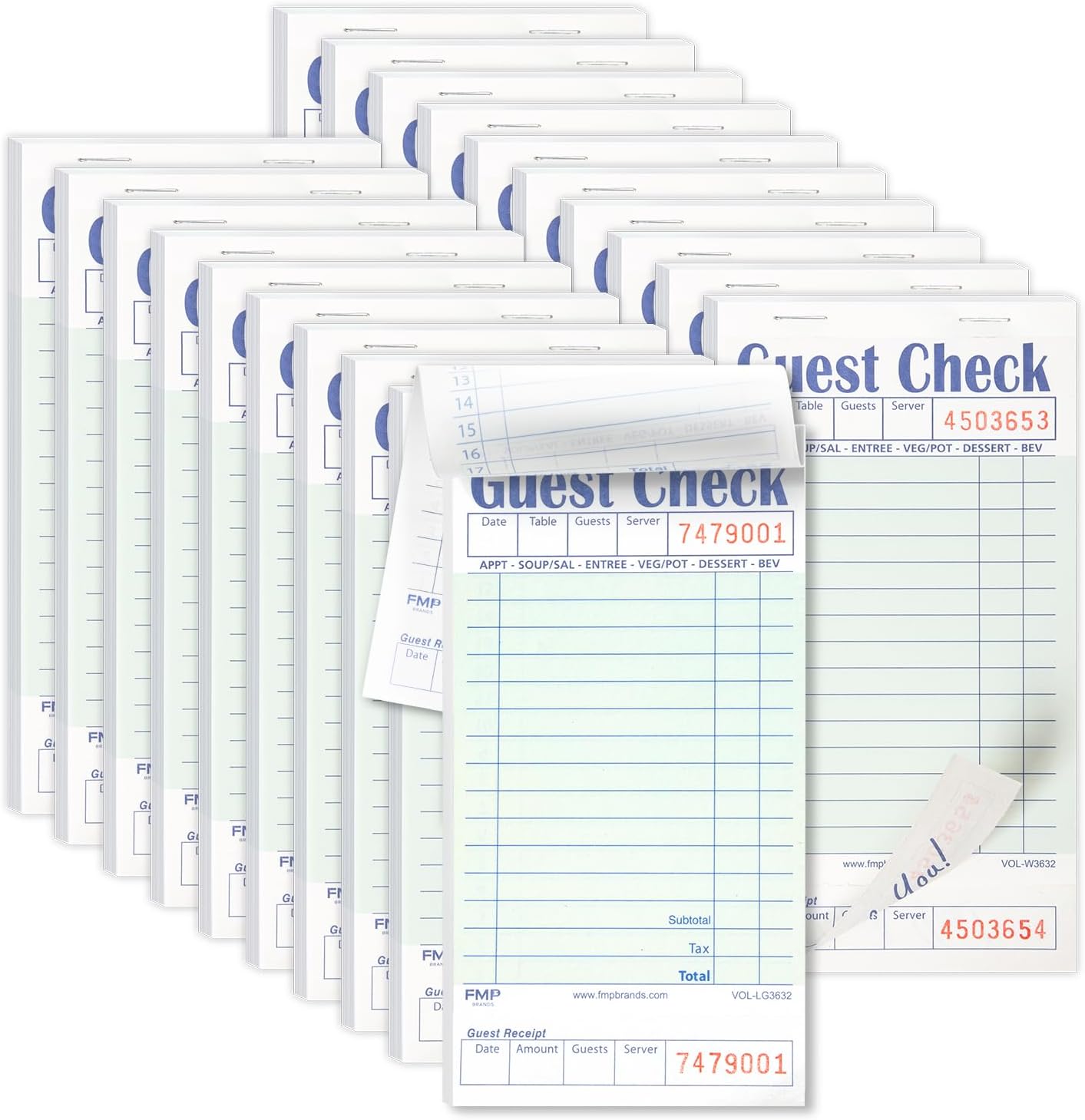 FMP Brands Guest Check Books for Servers, Server Note Pads Paper, Total 1000 Sheets (20 Pads), Light Green with Guest Receipt, Guest Check Pads, Restaurant Order Pads, Waitress Notepads