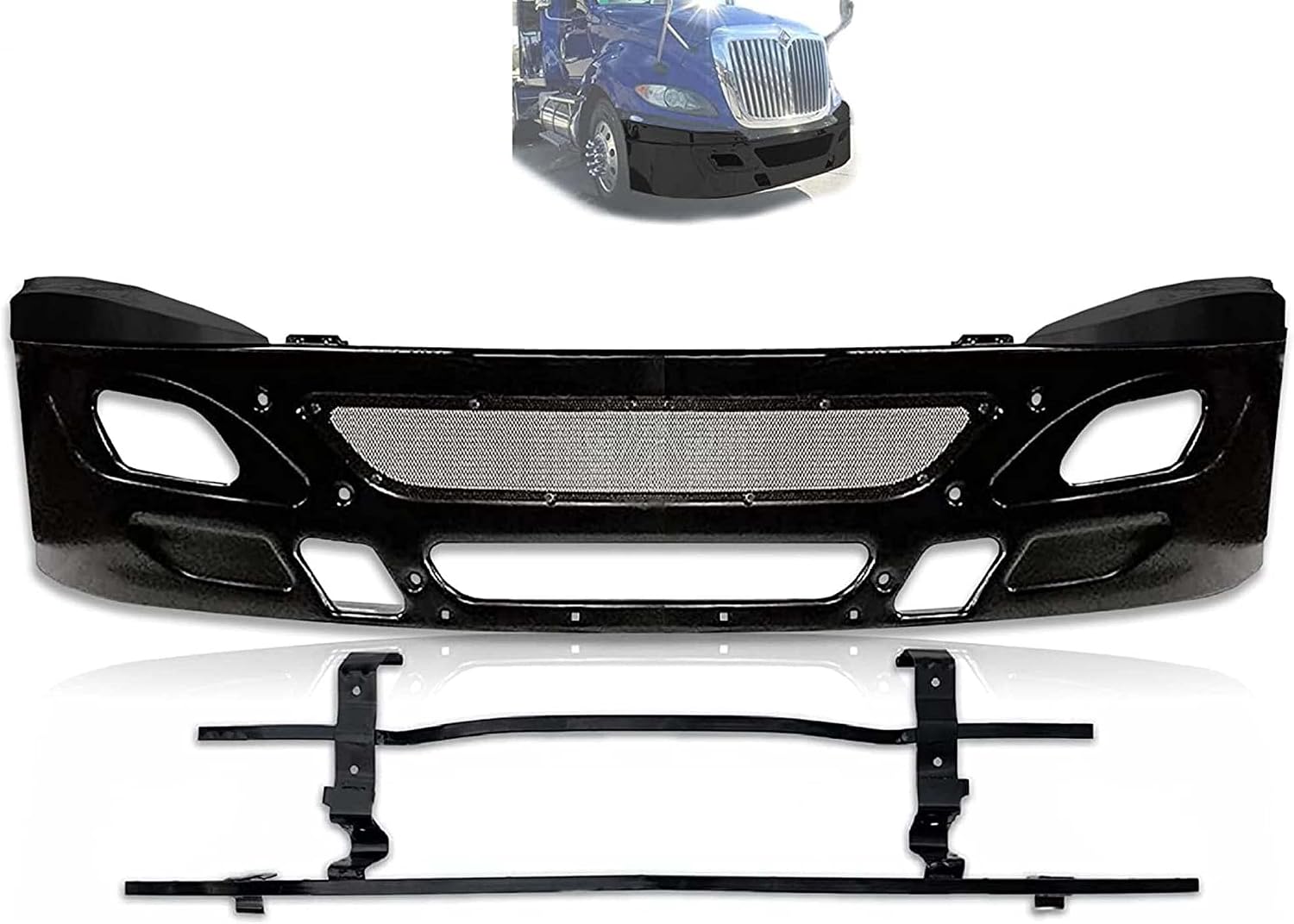 KOZAK Compatible with International Prostar 2006-2015 Replacement Fold over Black Steel Bumper with Brackets, Corner extensions PLUS Logo Emblem, 2x 22" Windshield wipers and Kozak Vest
