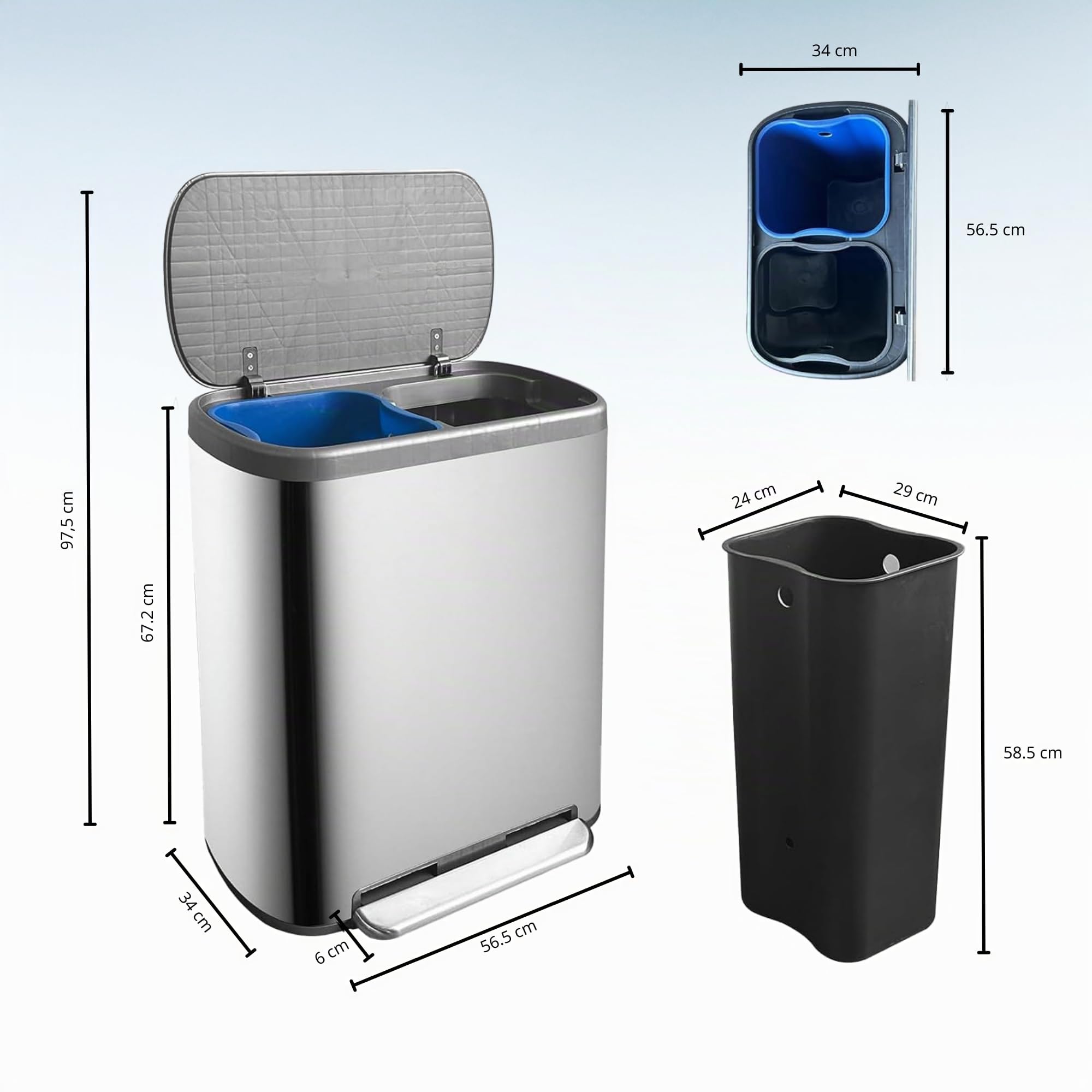 KITCHEN MOVE Poubelle de cuisine à pédale tri sélectif recyclage 60L(30L+30L) EMPIRE en acier Inox brossé avec seau