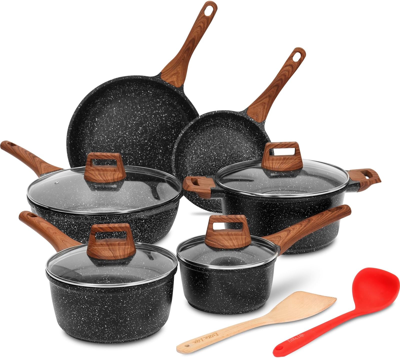 Nonstick Cookware Sets, 12 Pcs Granite Coating Pots and Pans Set Kitchen Cooking Set, Compatible with All Stovetops (Gas, Electric & Induction), PFOA Free, Black