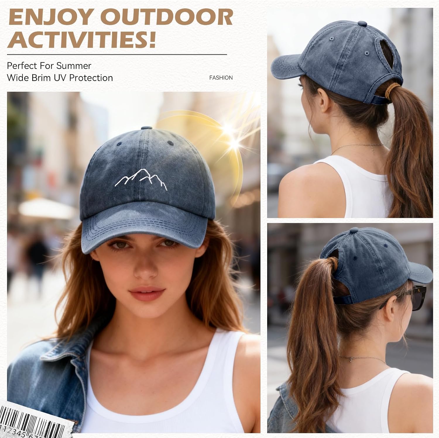 Women's Cap with Braid Hole Summer Cap Adjustable Baseball Cap Cotton Vintage Baseball Cap with Embroidery Breathable Cap Outdoor Peaked Cap image 2