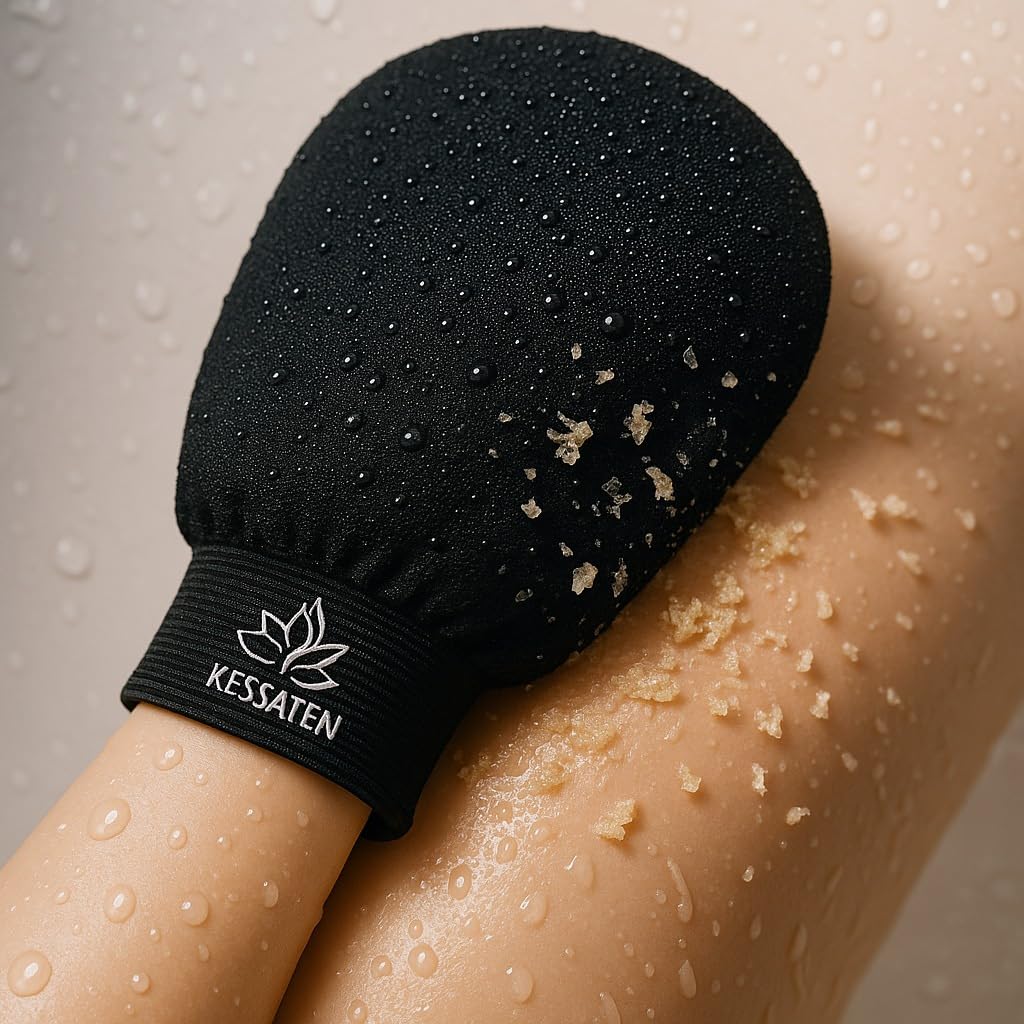 Gant Exfoliant Corps KESSATEN + Savon Noir - Gant Kessa Hammam - Elimine Peaux Mortes - Keratose Pilaire - Autobronzant - Rituel Complet Inclus