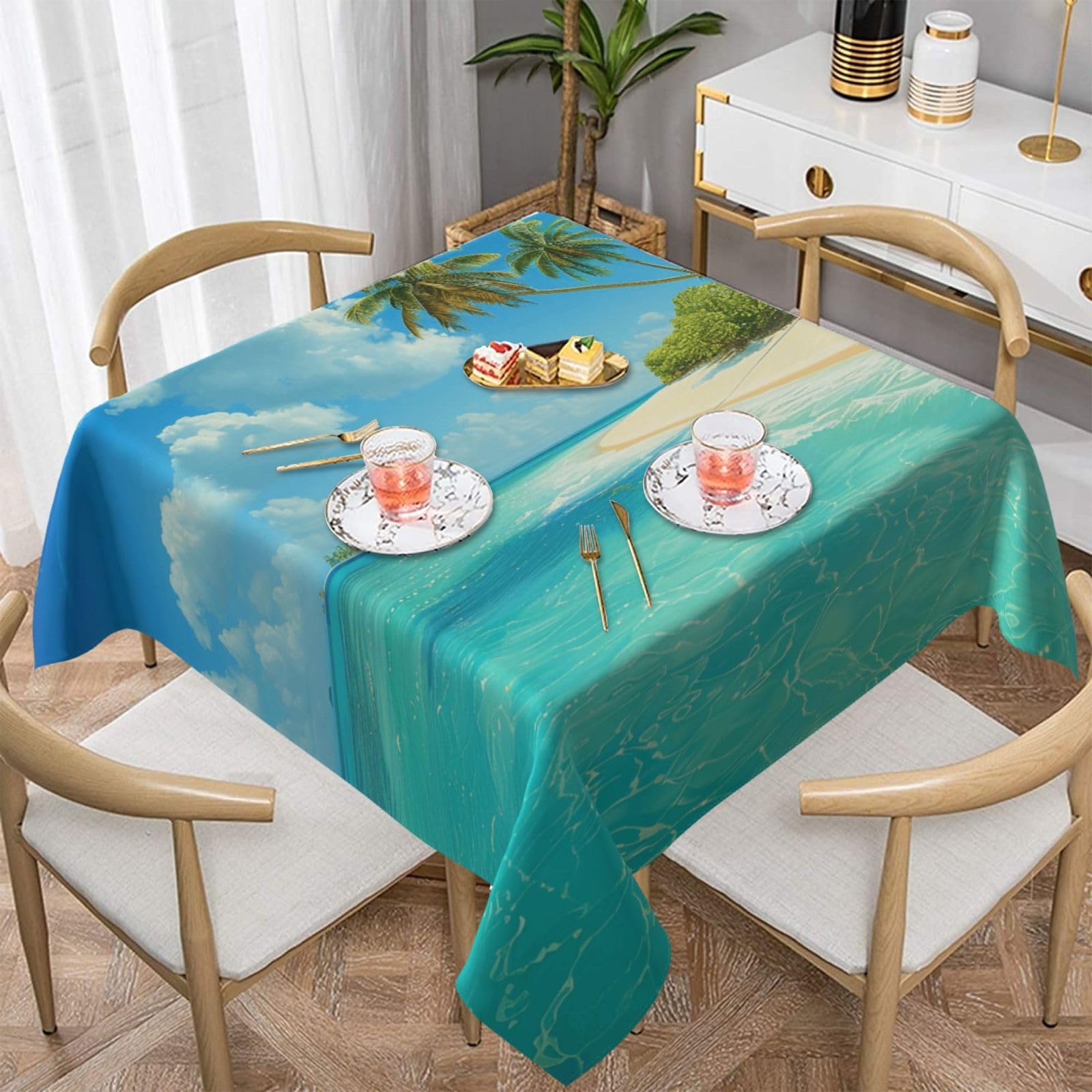 WPKJU Island with Sandy Beach and Palm Tree Printed Square Tablecloth 60x60 inch Water Resistant Table Cover Washable Rectangle Table Cloth for Dining Tables