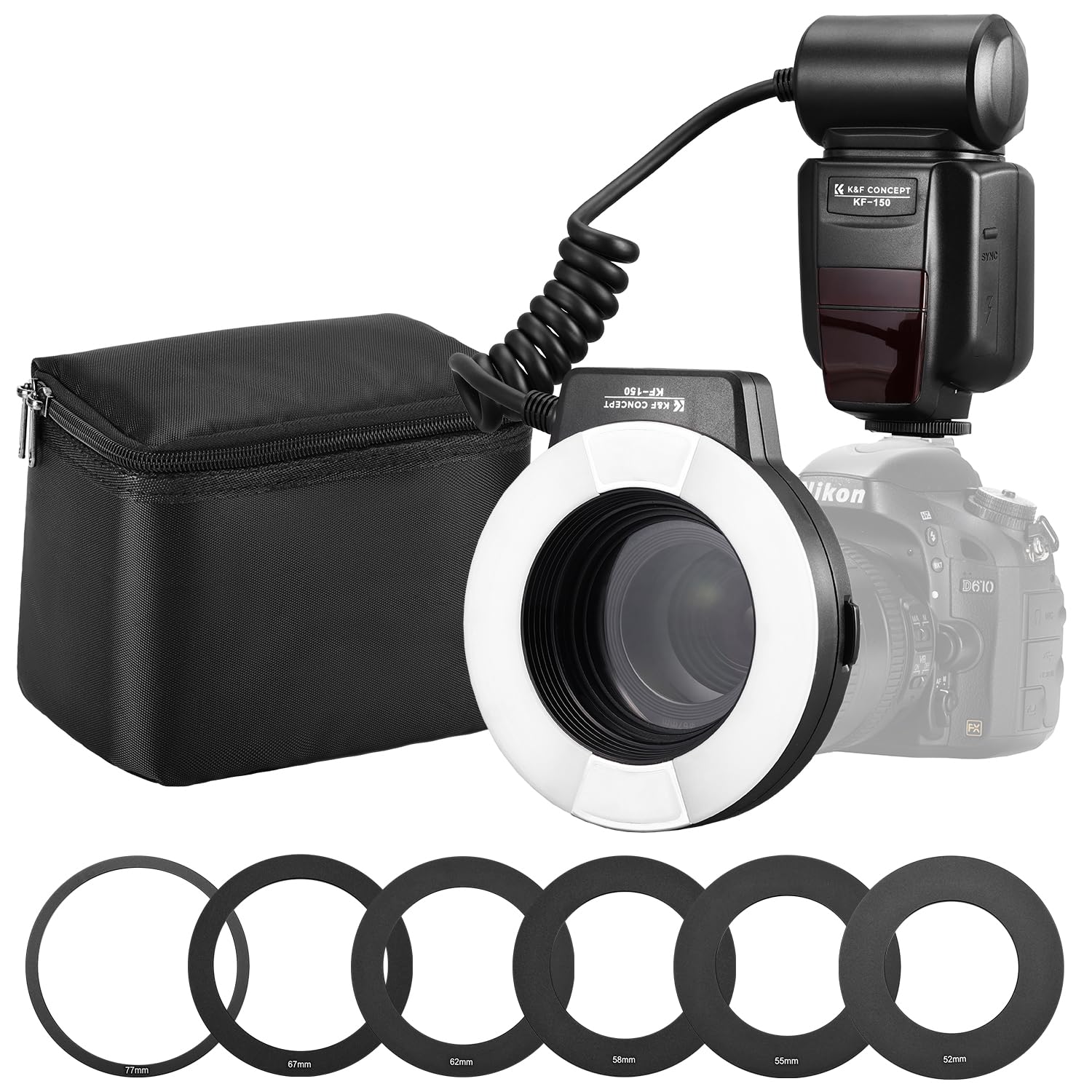 K&F CONCEPT TTL Makroblitz Ringblitz Ringleuchte Blitzgerät mit AF-Hilfslicht Adapterringe | Dual-Blitzröhren Ringblitz Kompatibel mit Nikon DSLR GN14 /D7100/D7200/D50/D70/D80/D500/D750