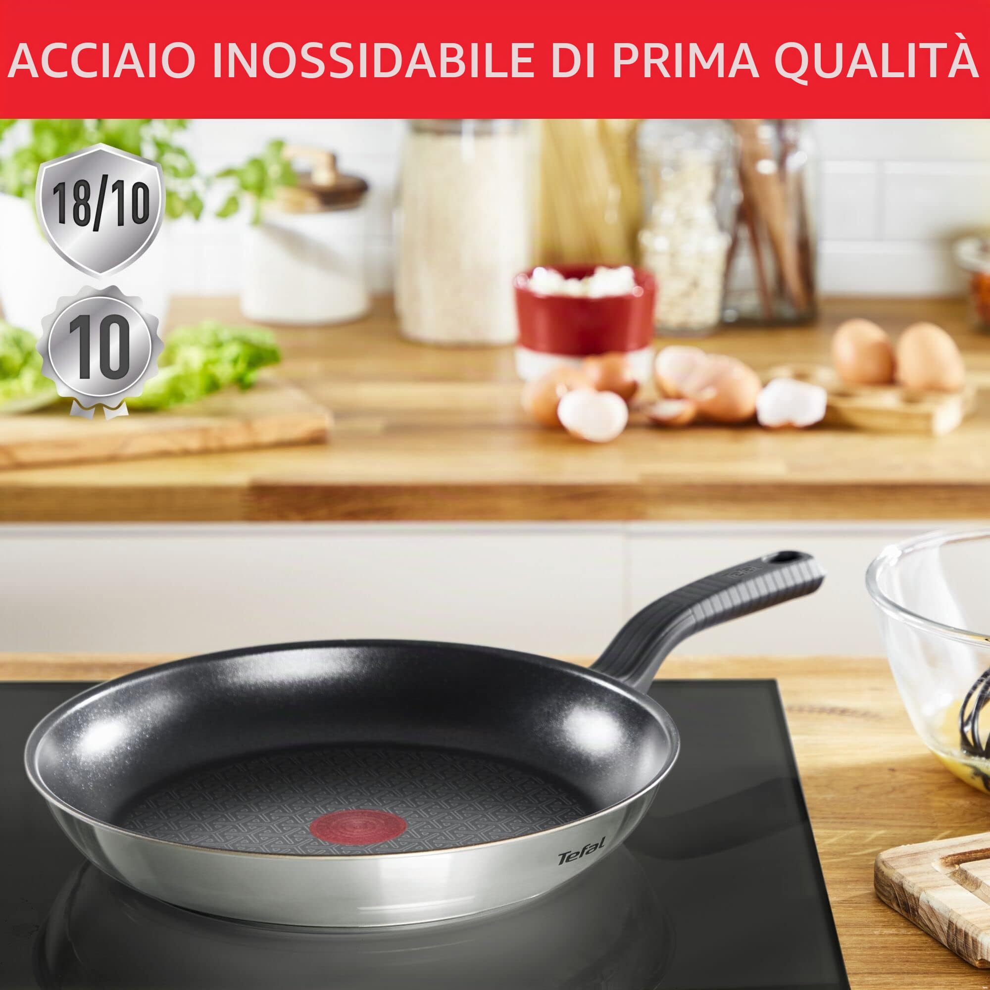Tefal Comfort Max - Padella da 30 cm, adatta a induzione, antiaderente, rivestimento in titanio, Thermo-Signal, senza PFOA, lavabile in lavastoviglie e forno, in acciaio inox
