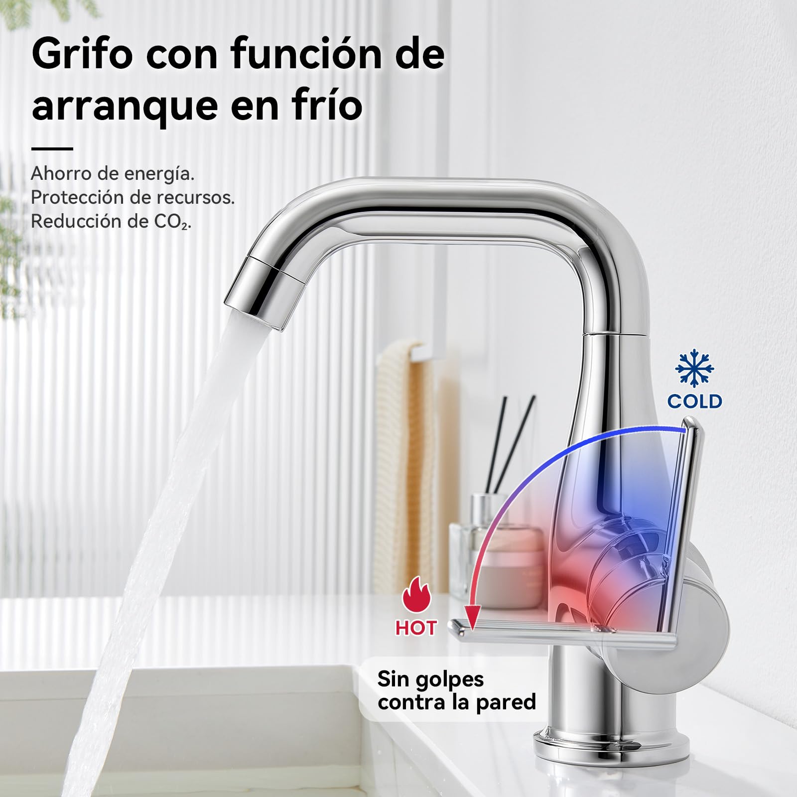 CECIPA Grifo lavabo función arranque frío para lavabos sobre encimera Cromo | Grifo de baño giratorio 360°, ahorro de energía y agua, sin plomo para seguridad, compatible con agua fría y caliente