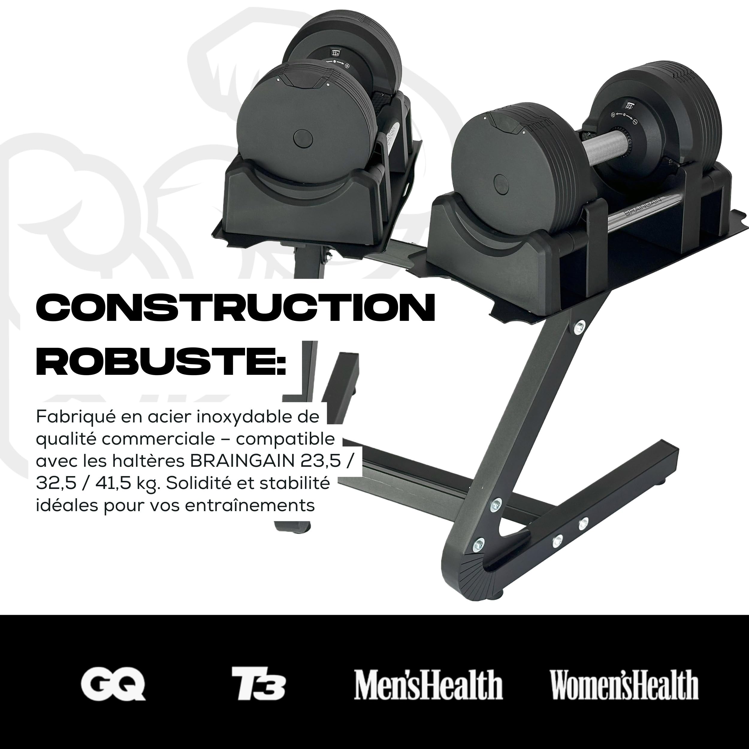 BRAINGAIN Rack de Rangement – Support pour Haltères Réglables (Compatible avec les haltères BRAINGAIN 20kg, 23,5kg, 32kg, 32,5kg, 41,5kg) Noir/Chromé