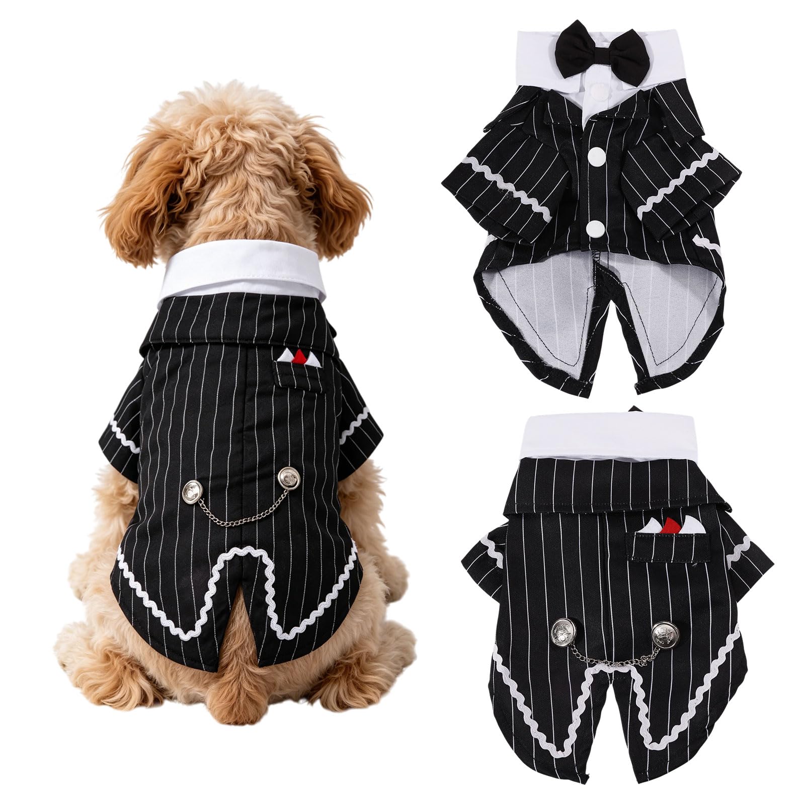 CONCHLERY Dog Tuxedo Suit with Bow Tie Polyester Pet Clothes Striped Dog Costume for Wedding Birthday Outfit S Black
