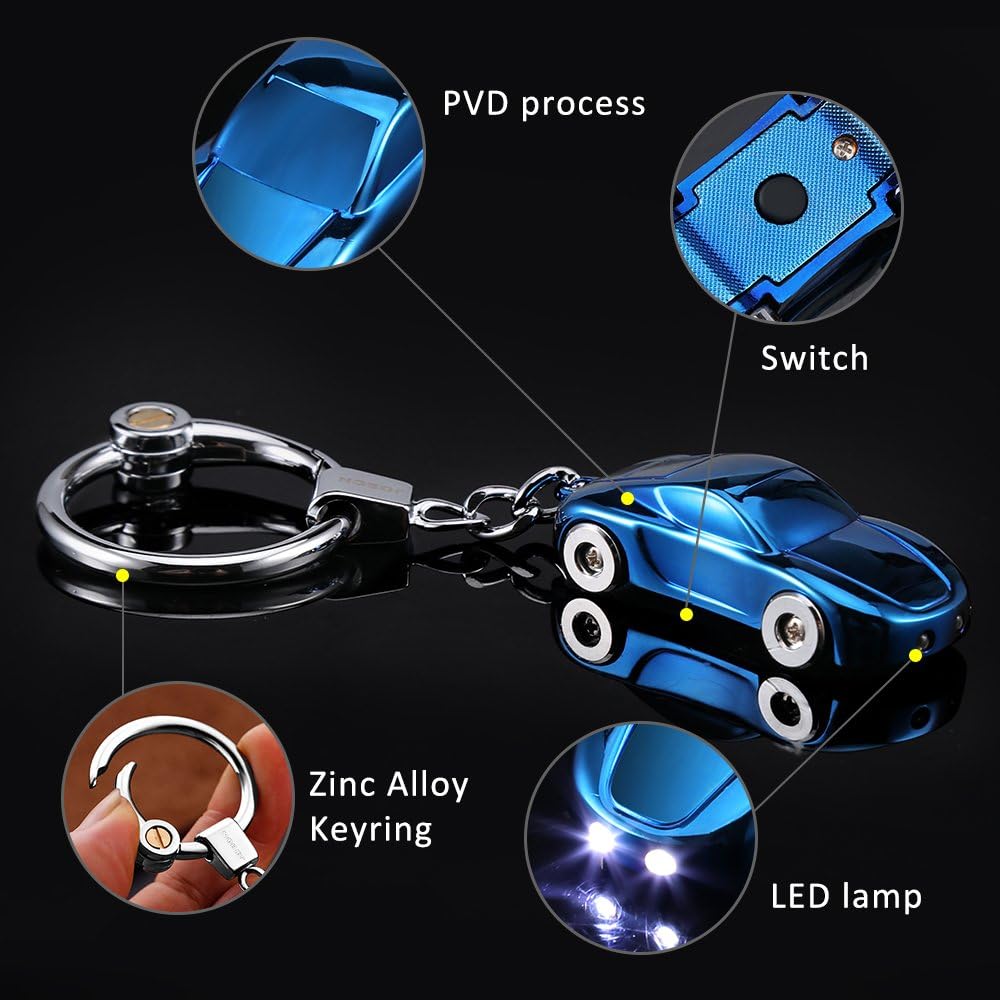 SOMGEM Creative Key Chain Car Keychain Flashlight with 2 Modes LED Lights 2 in 1 Car Key Chain Ring for Office Backpack Purse Charm,Great Gift for Men or Women