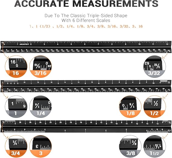12 Architectural Scale Ruler Aluminum Architect Scale Ruler, Black | Triangular Scale Ruler for Architects, Draftsman, Students and Engineers