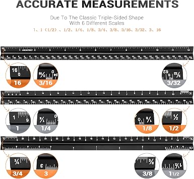 12 Architectural Scale Ruler Aluminum Architect Scale Ruler, Black | Triangular Scale Ruler for Architects, Draftsman, Students and Engineers