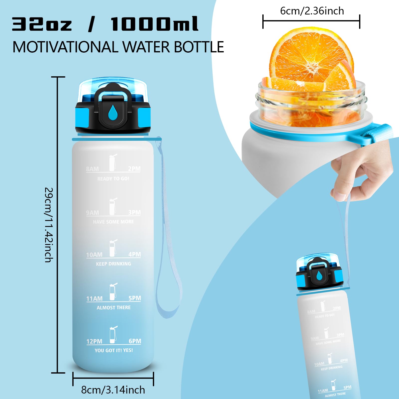 Grsta Borraccia 1 litro, Borraccia con Cannuccia, Senza Perdite, Borracce Motivazionale, Facile da Pulire, Borraccie Trekking, Con Slogan Motivazionale, Water Bottle per Fitness, Campeggio, Viaggio