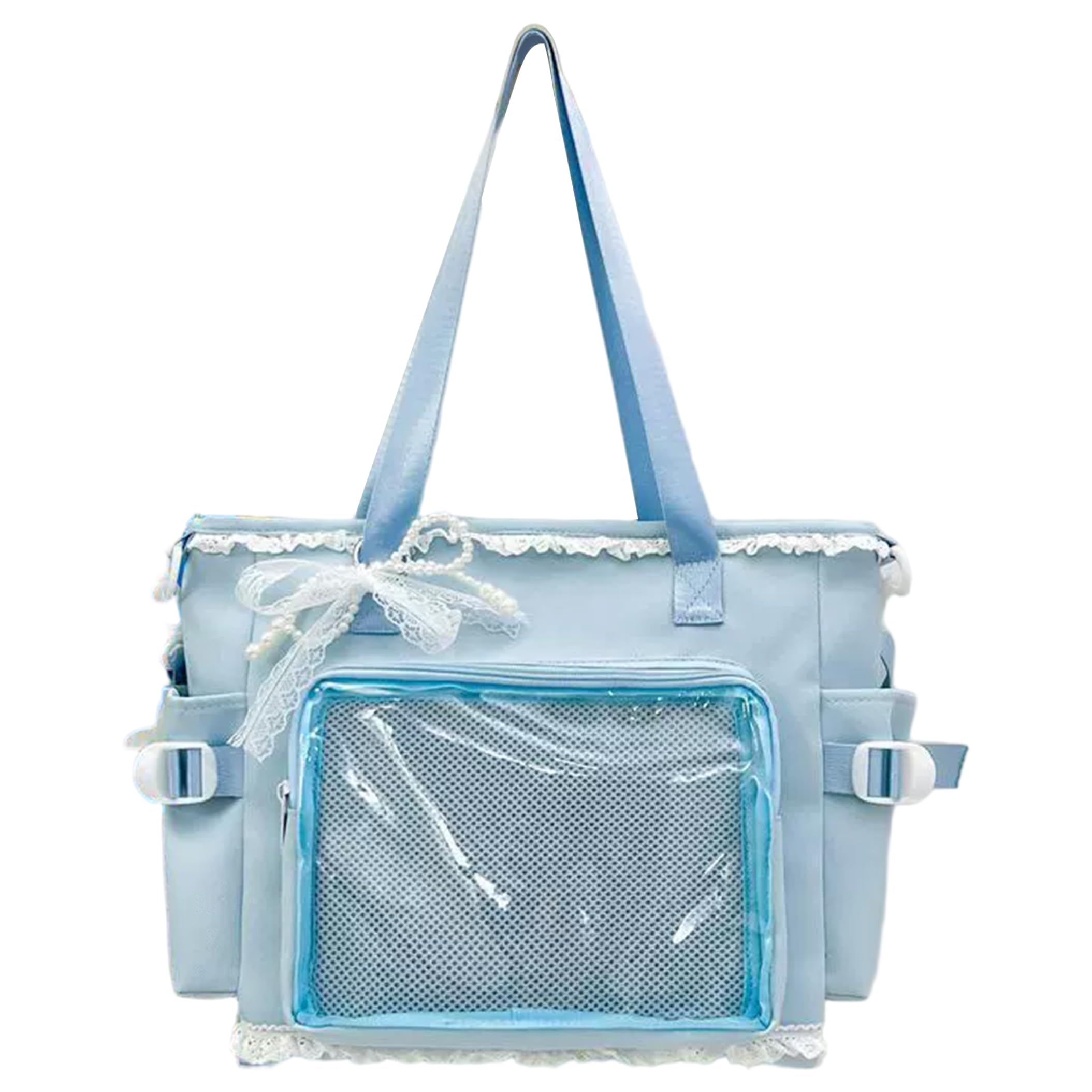 Ameble Unisex Blue Ita Bag With Clear Pin Display Window, Lace & Bow Accents Tote Crossbody Purse With Pendant, Kawaii Messenger Bag For Collectors, Cute Anime,