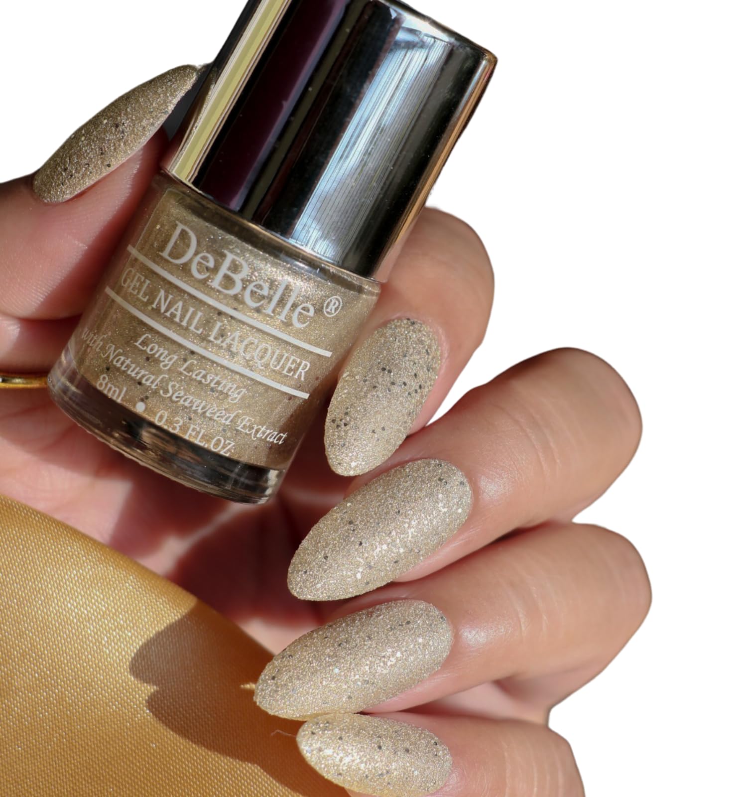 DeBelle Gel Nail Polish Sirius (Gold With Silver Glitter Sugar Finish Nail Paint)|Non UV - Gel Finish |Chip Resistant | Seaweed Enriched Formula| Long Lasting|Cruelty and Toxic Free| 8ml-image-19