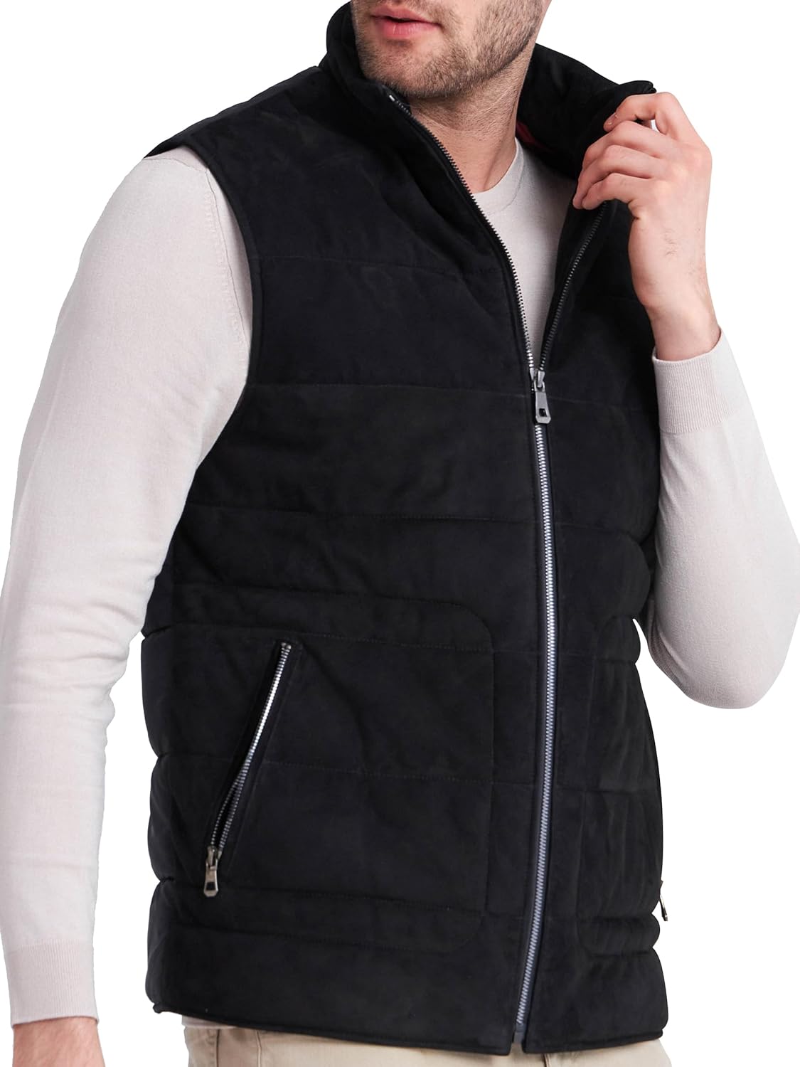 Bigardini Men's Puffer Vest - Genuine Lambskin Leather Padded Outdoor Vest