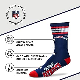 For Bare Feet NFL Youth 4 Stripe Deuce Crew Sock, New England Patriots, One Size