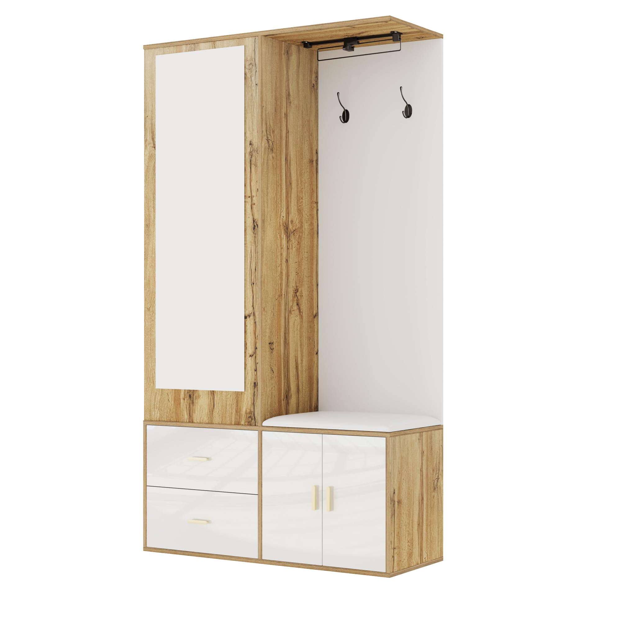 Elegante juego de perchero en colores blanco y madera con espejo, zapatero, zapatero con gancho y barra extensible (color blanco y madera)