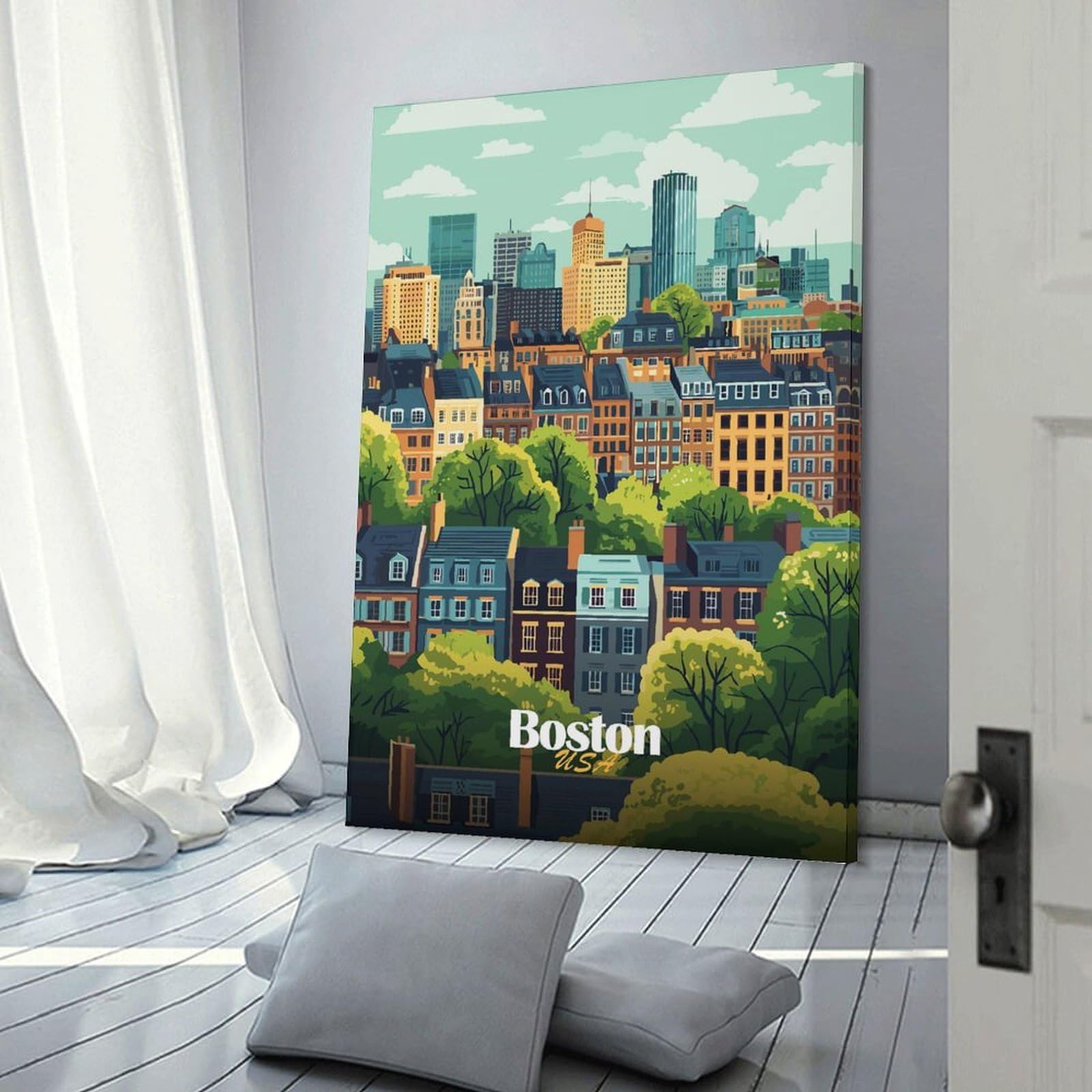 Junmoney Boston Skyline Illustration Canvas Art Print, 20x30inch(50x75cm), for Living Room, Bedroom, Office Or Hallway, Decorative Artwork with Broad Appeal