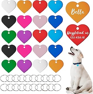 HACRAHO Pet ID Tags, 20 PCS Colorful Dog ID Tags Double Sided Pet Name Phone Number ID Tags with 20 PCS Key Rings for Dogs and Cats, Heart Shape
