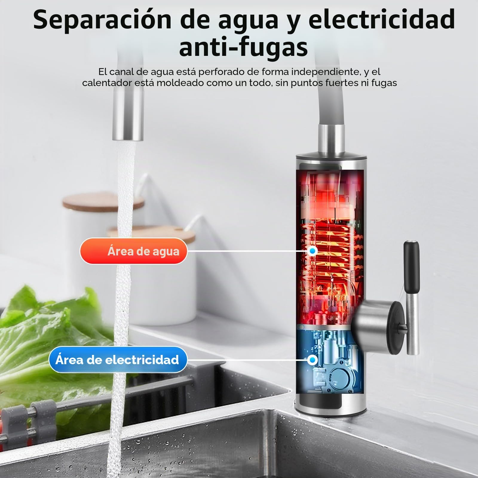 Calentador de Agua Electrico Instantaneo, 3000 W Grifo de Cocina con Indicador de Temperatura LCD, 360° Flexible Rotación, para Cocina Jardín Baño