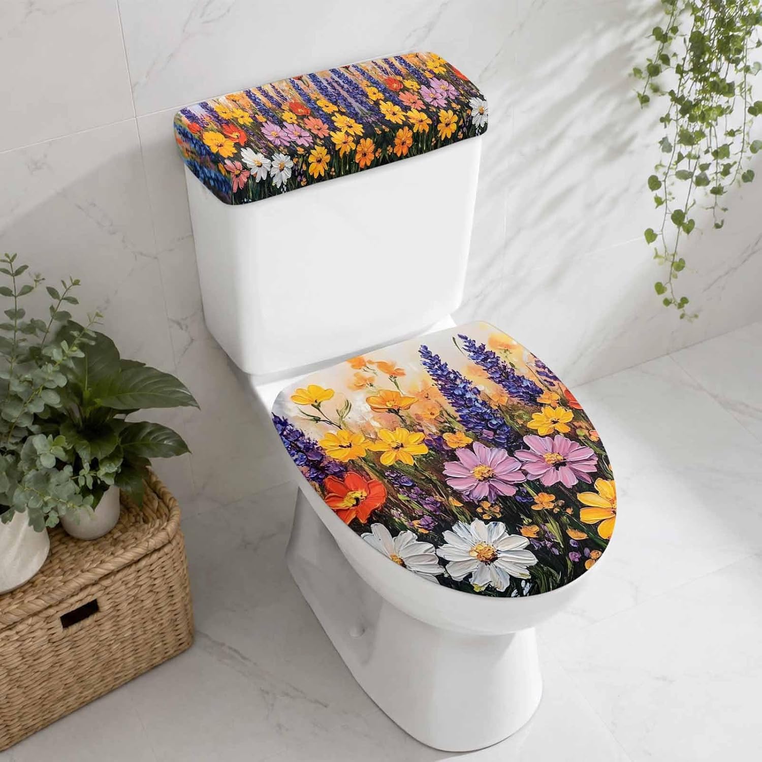 Colorful Flowers Elastic Toilet Lid and Tank Covers Set, Modern Botanical Floral Oil Painting Decorative Bathroom Decor, 2 Pcs Toilet Lid Cover and Toilet Tank Lid Cover with Elastic Bottom image 2